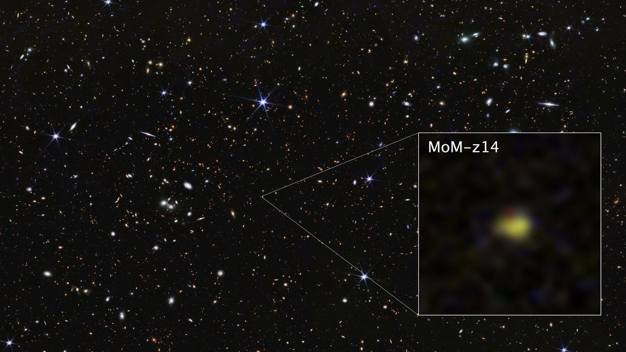 A starry background, with a box showing a yellow smudge of an ancient galaxy