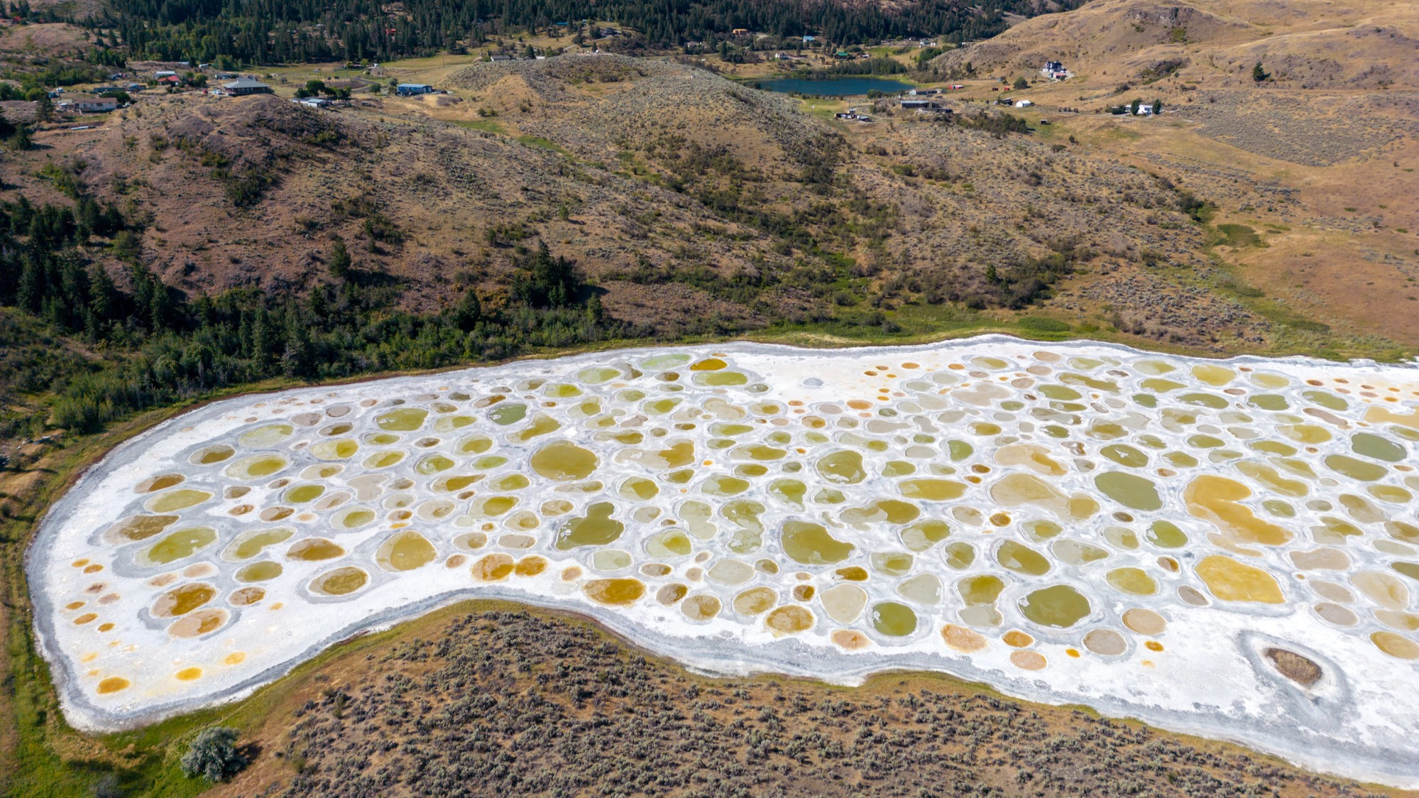Vue aérienne du lac Spotted au Canada. Nous voyons une croûte blanche avec des flaques peu profondes d’eau jaune et verdâtre.