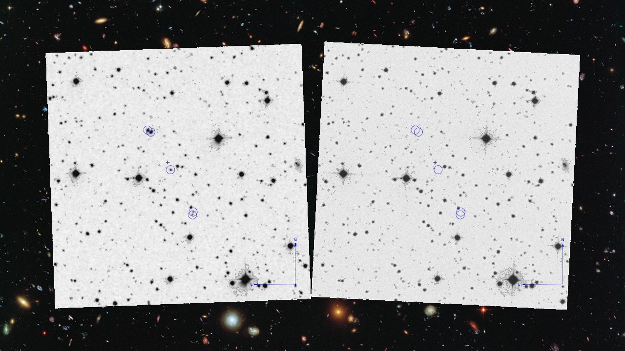 Une nuit de 1952, cinq objets transitoires (cercles bleus) sont apparus et ont disparu en une heure, selon des relevés du ciel d'archives. Les scientifiques approfondissent ce mystère vieux de plusieurs décennies.