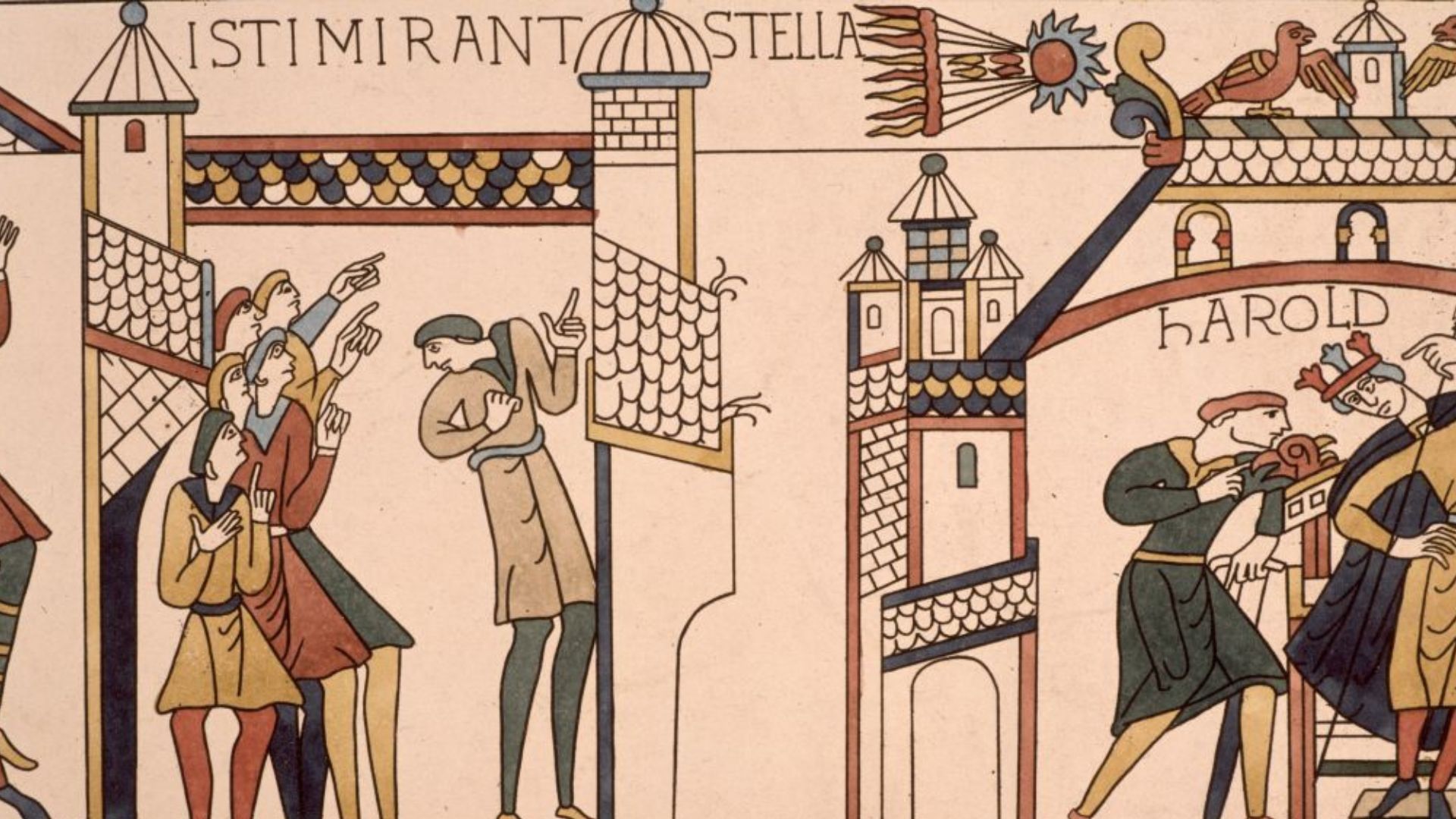 Photo of the portion of the Bayeux Tapestry depicting people pointing up at a flaming comet.