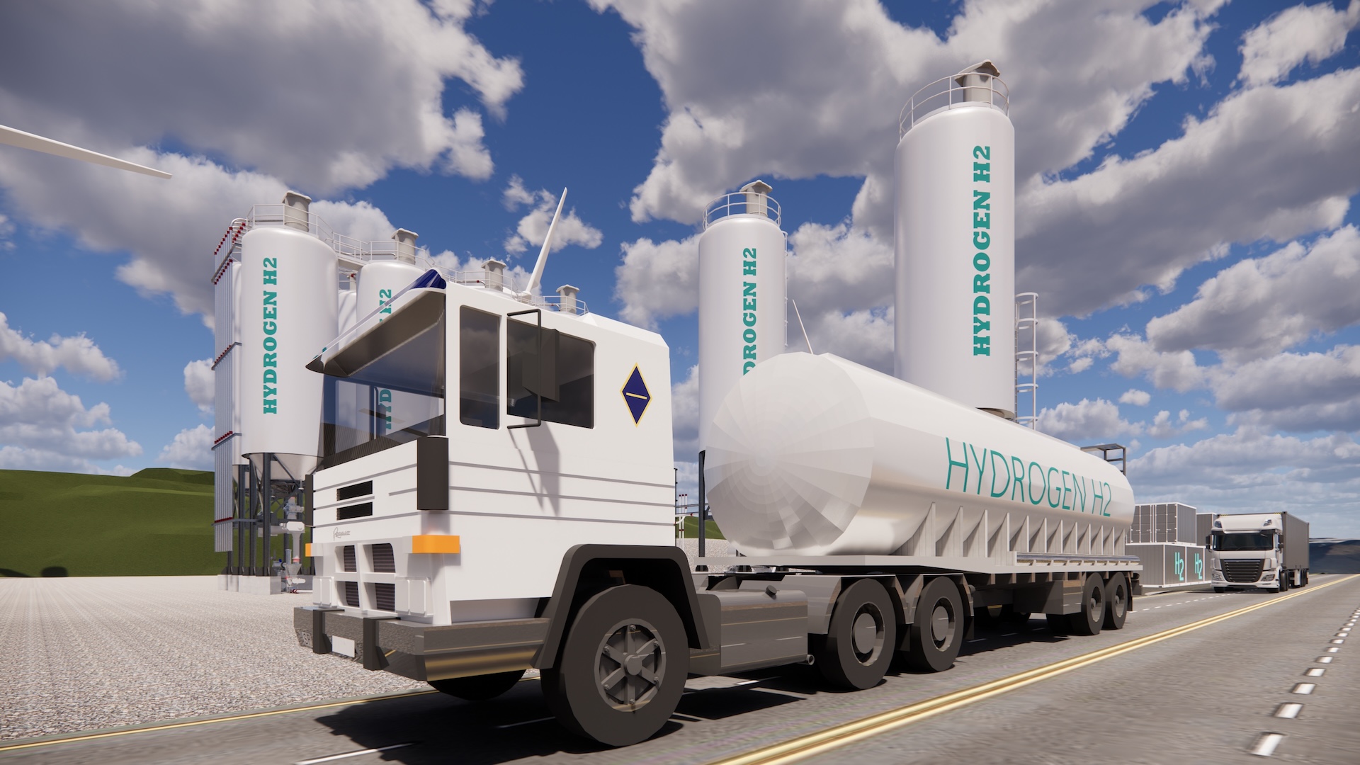 camion-citerne à hydrogène blanc devant deux réservoirs de stockage d'hydrogène.