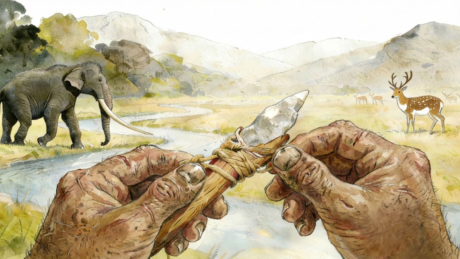 Illustration artistique de la fabrication d'outils Xigou. On voit des mains attacher une pointe de pierre à un bâton devant une rivière avec un éléphant et un cerf.