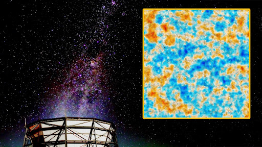 Une photographie du télescope cosmologique d'Atacama au Chili superposée à un chiffre de sa publication finale de données. La figure montre la direction de la polarisation magnétique dans les micro-ondes de certaines des premières époques de l'univers. 