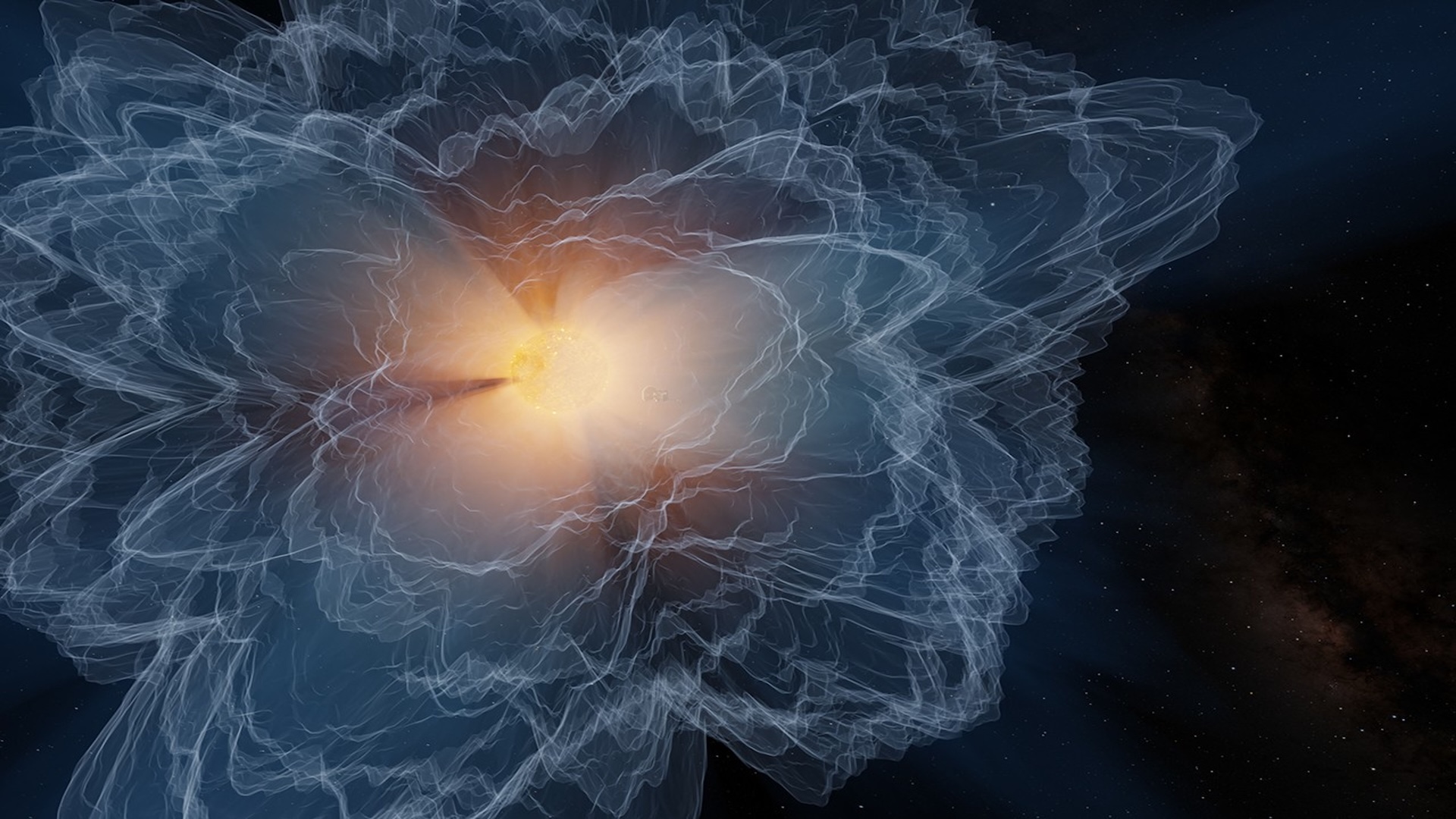 Illustration montrant un anneau jaune vif d'où sortent des rayons de lumière jaune orangé, le tout entouré de pétales de lumière bleue et blanche sur fond noir. 