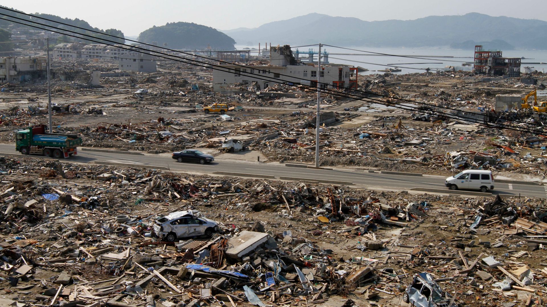 Devastated buildings along the shoreline