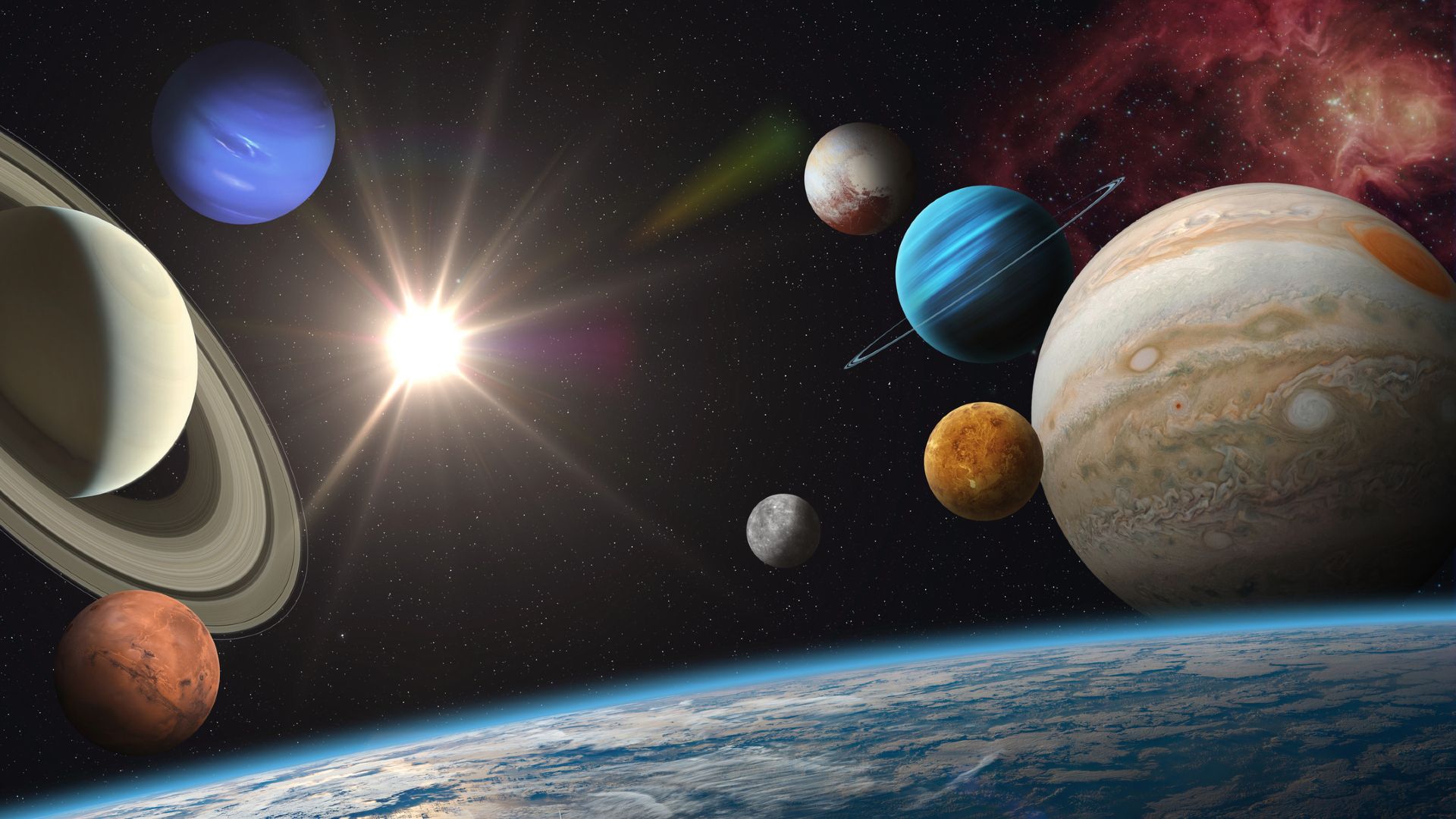 An illustration of all the planets in the solar system near Earth, seen at the bottom of the image. Mars, Saturn and Neptune are seen at the left while Mercury, Venus, Jupiter and Uranus are to the right