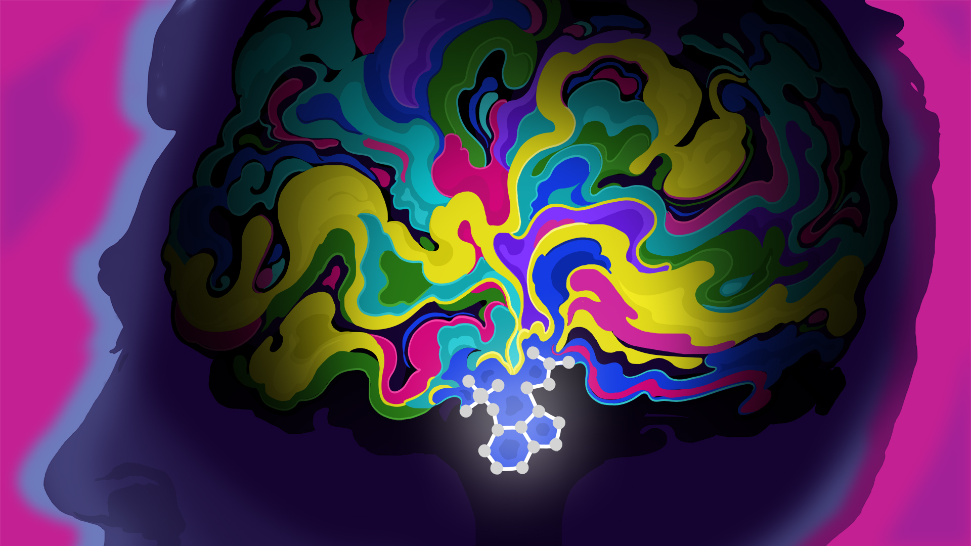Une illustration conceptuelle de l'effet des psychédéliques sur le cerveau dans une tête humaine, représentée par des flux de différentes couleurs.