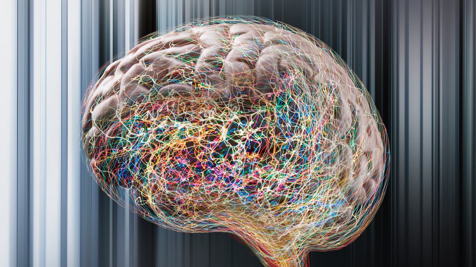 Cerveau entouré de lignes colorées.