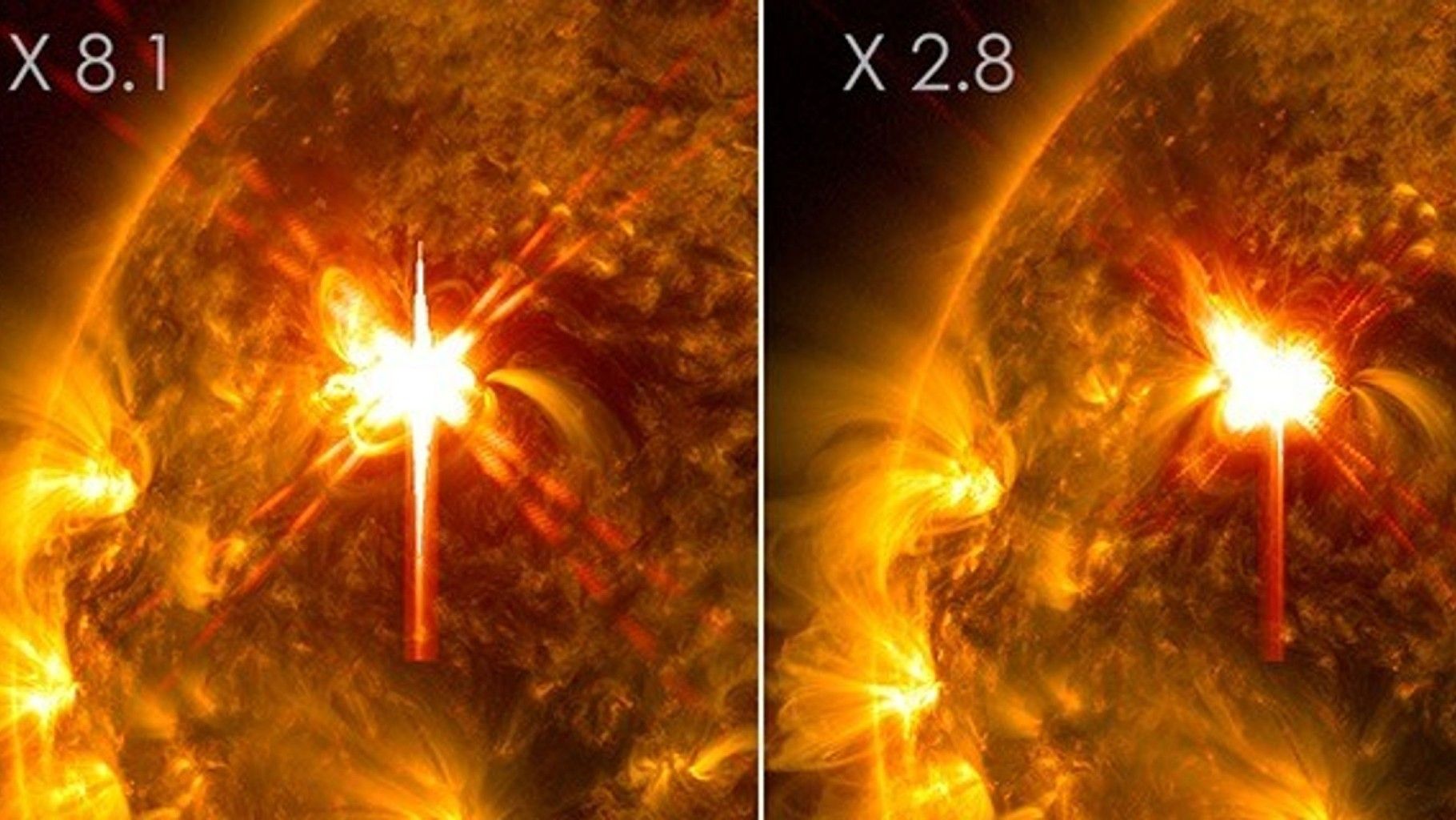 A spacecraft image of a bright orange flare erupting from the sun