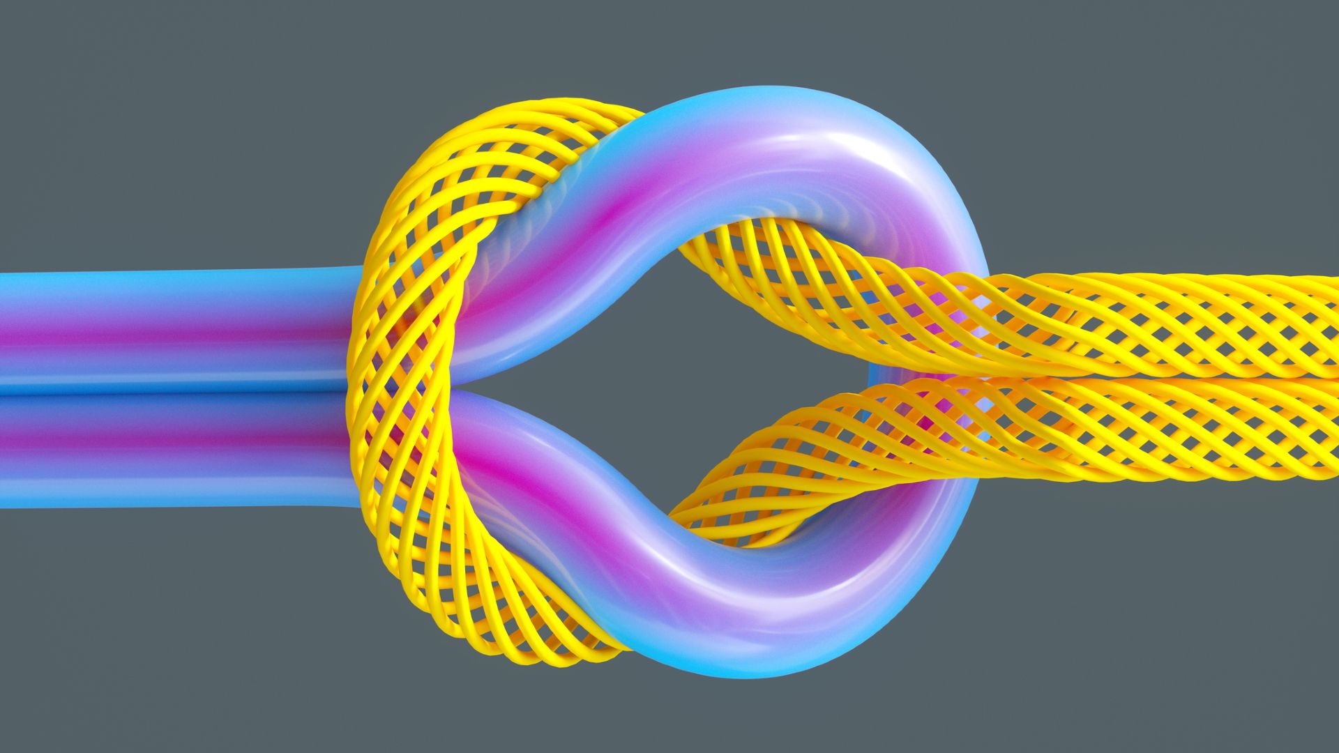 A 3D illustration of a knot, where the two cords on the left are purple and blue and form a loop with two cords on the right which are made of 3D yellow mesh.