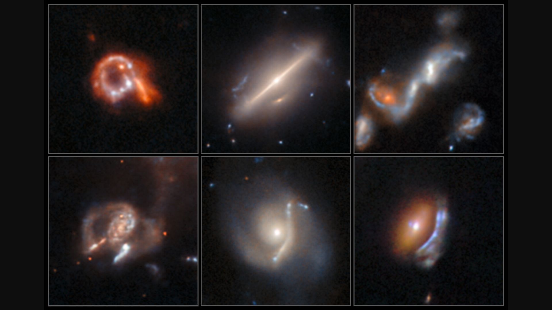 Un collage de six images, montrant différents types d’objets astrophysiques « anormaux ». Ce sont des galaxies aux formes inhabituelles, parmi lesquelles une galaxie en forme d'anneau, une galaxie bipolaire, un groupe de galaxies en fusion et trois galaxies avec des arcs déformés créés par lentille gravitationnelle.