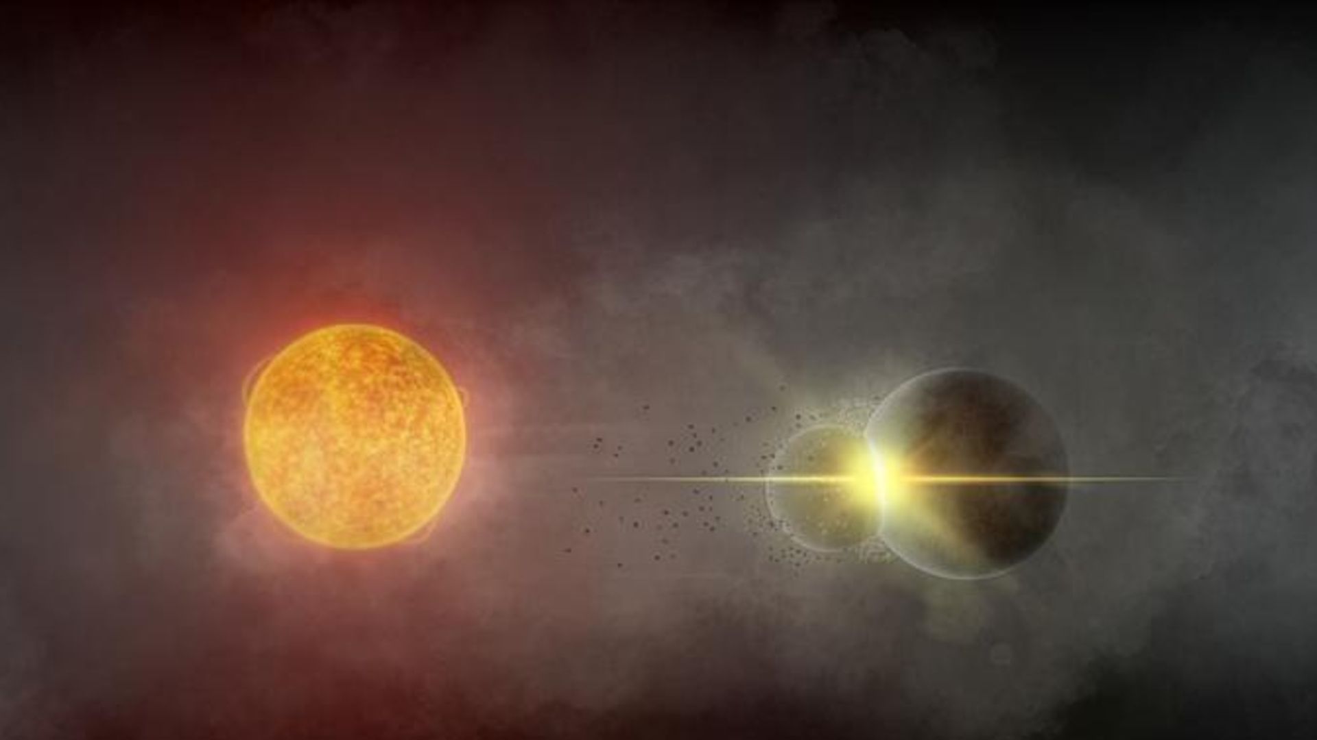 An illustration of two planets colliding to the right of a glowing ball of orange gas, their home star.