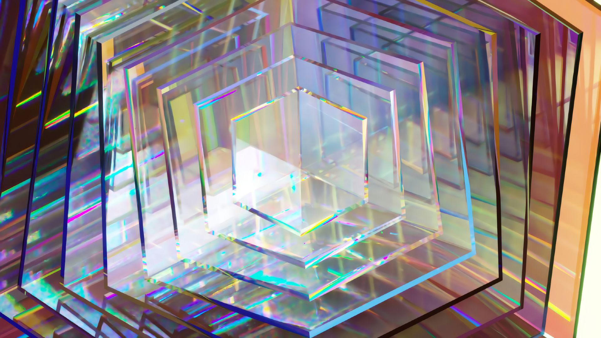 A series of hexagonal clear pieces, reflecting rainbow prisms