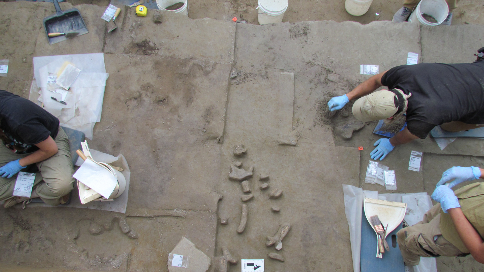 Photo d'un site d'excavation rocheux, avec des roches brun clair couvertes d'outils et de panneaux. 