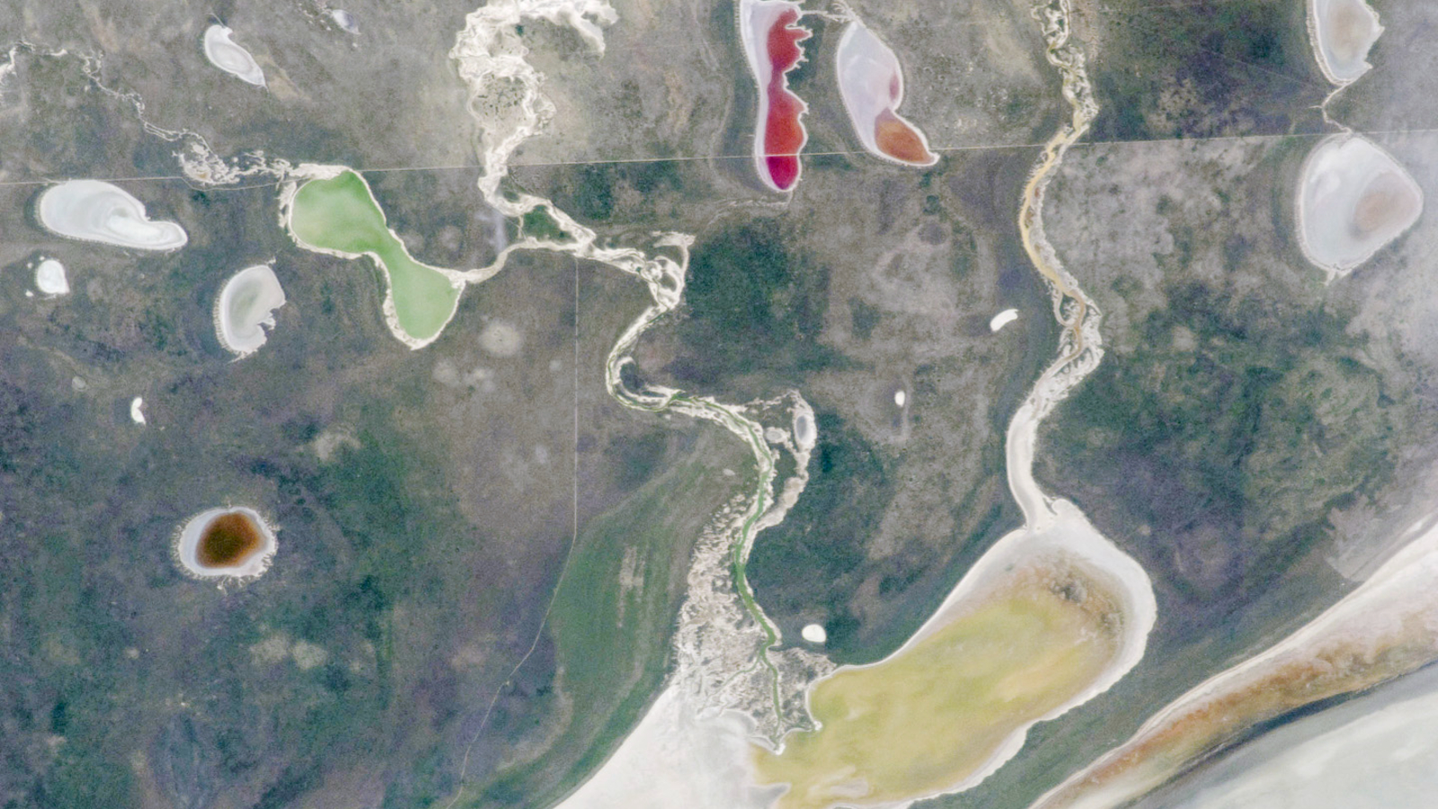 Une photo satellite montrant deux rivières et une série de lacs colorés entourant une étendue blanche géante