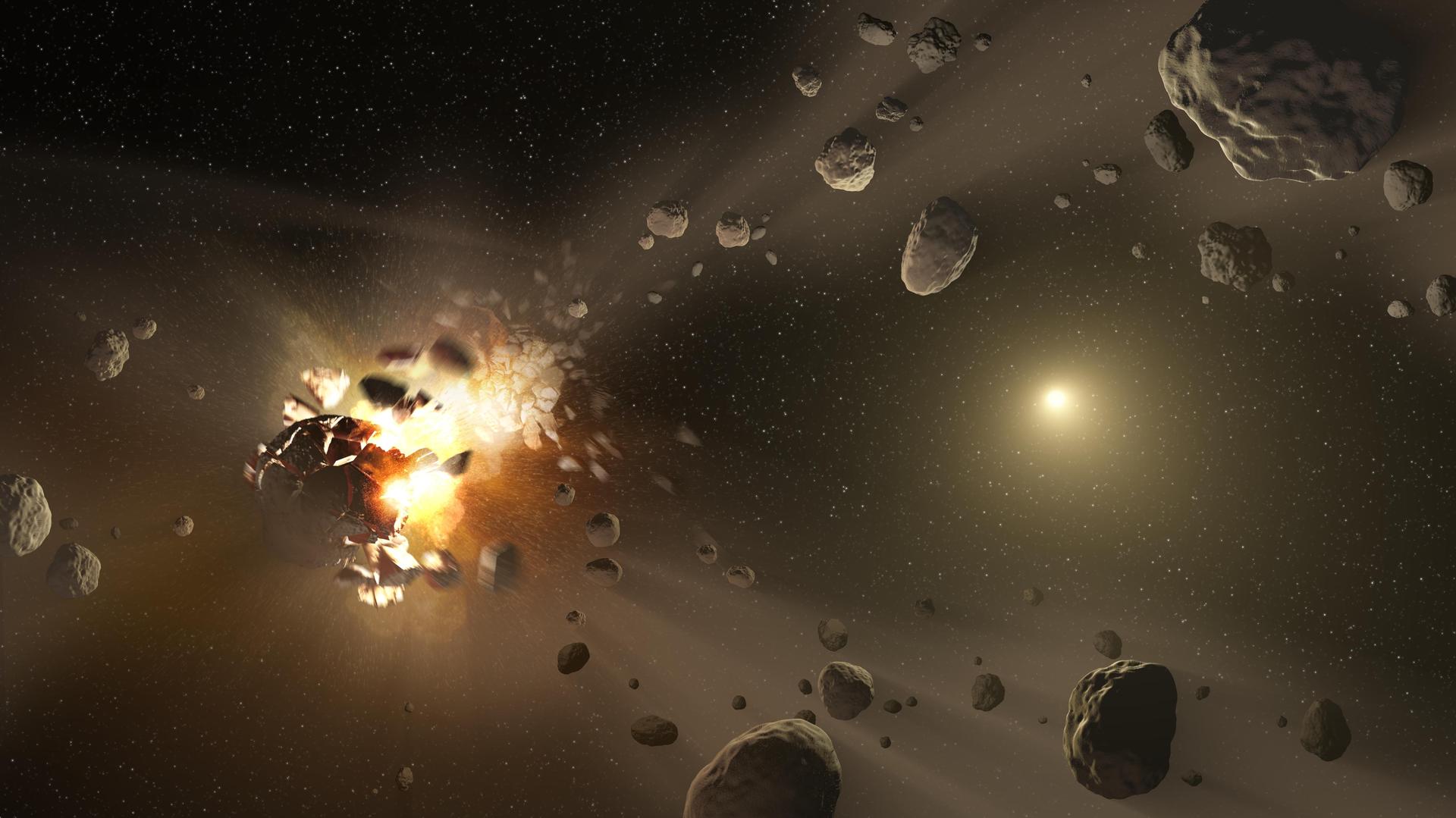Une illustration de deux astéroïdes entrant en collision dans l’espace. Ils créent une boule d'énergie lumineuse, illuminant d'autres débris autour d'eux dans un fond d'espace sombre.