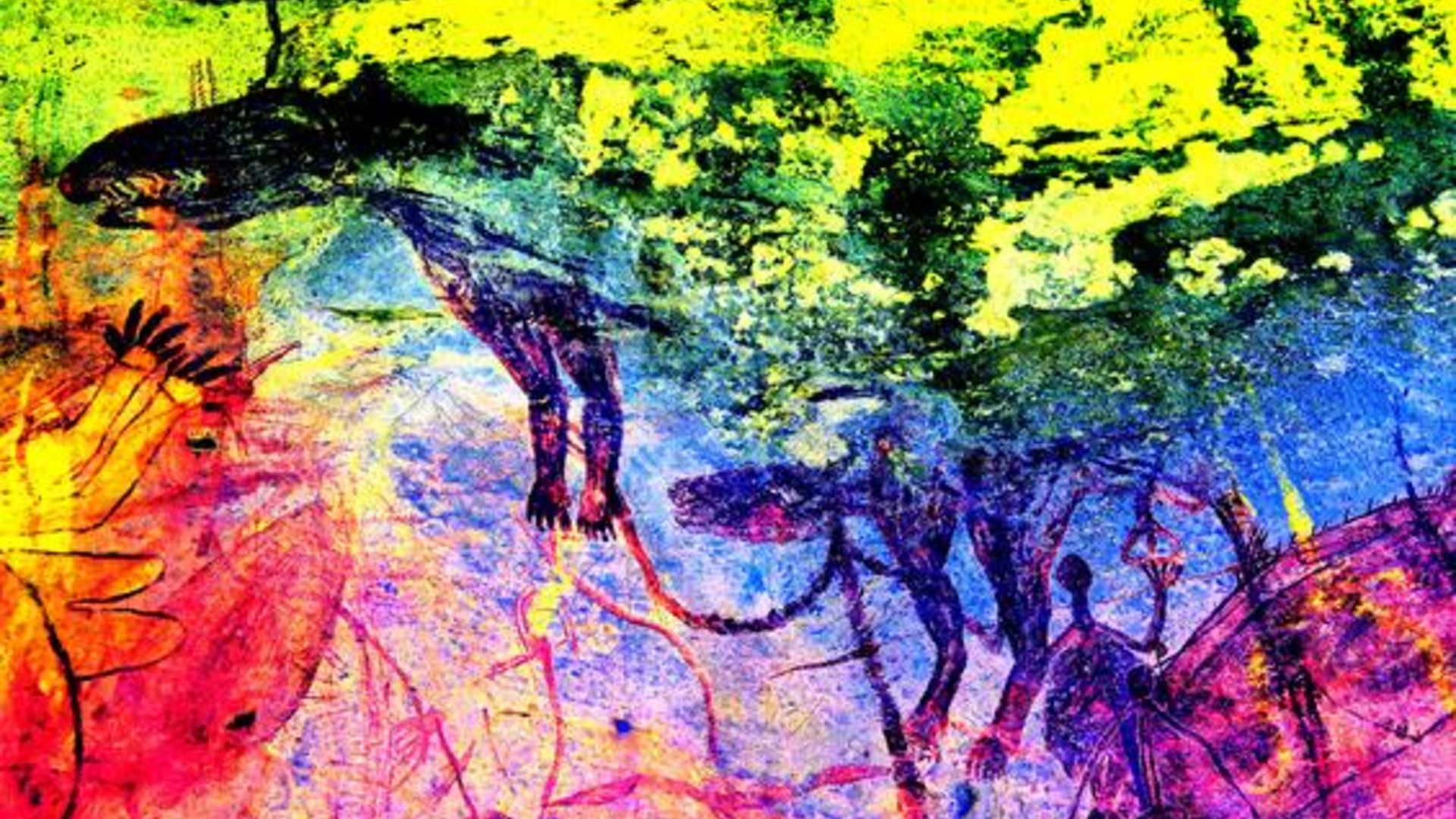 A series of dark drawings of four-legged animals are seen with a rainbow colored overlay