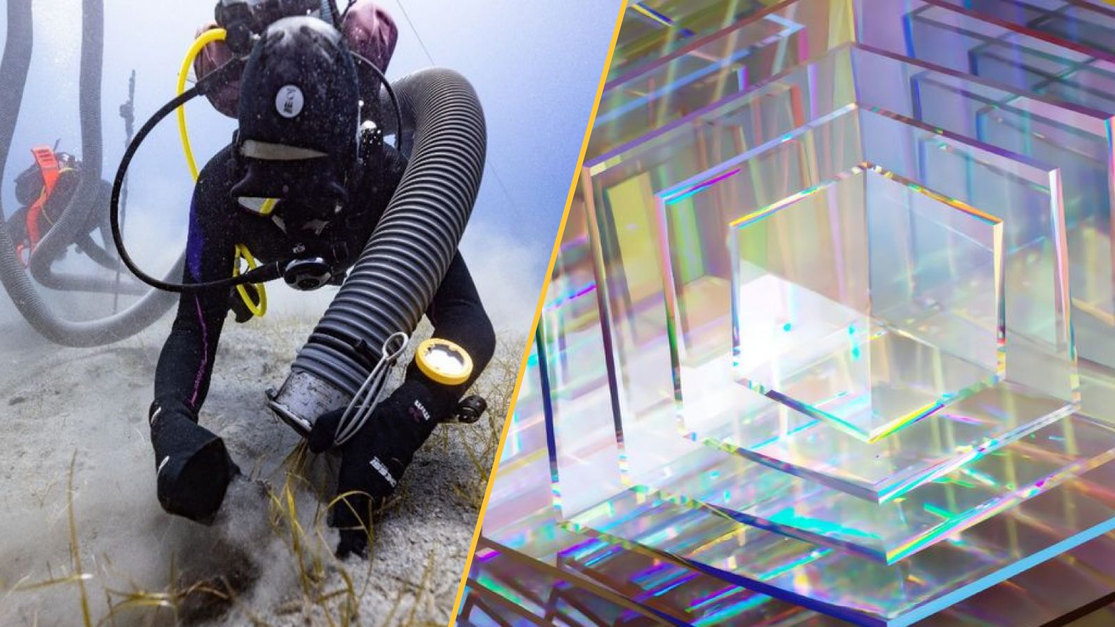 A diver searches a silty ocean floor (left) and an artist's illustration of an iridescent hexagonal diamond (right).