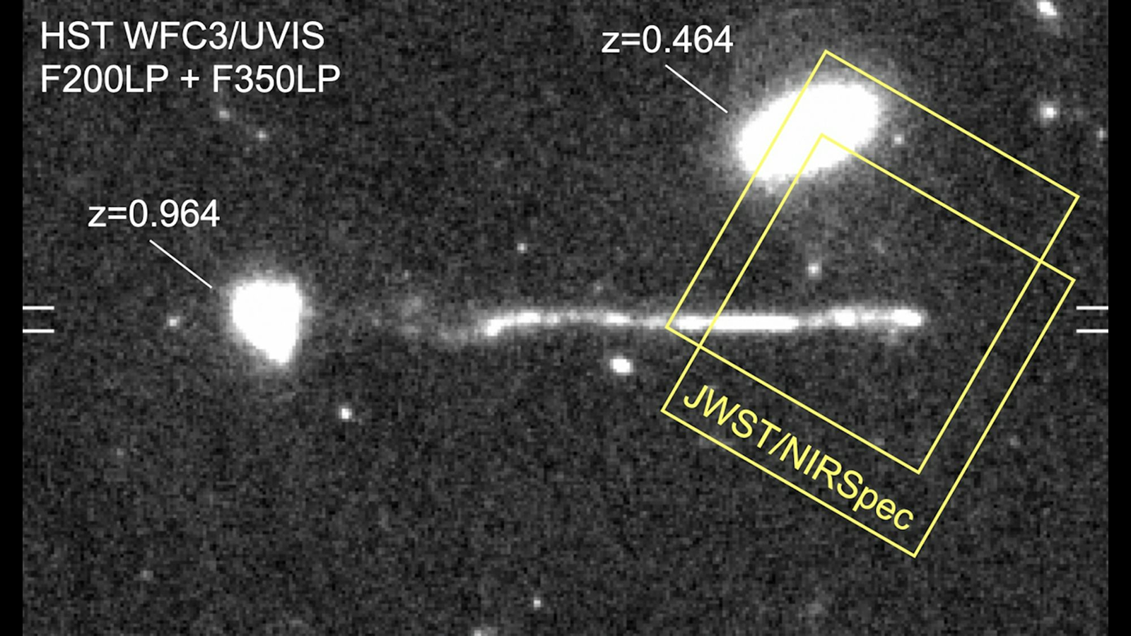 Une image annotée d’un trou noir en fuite laissant une traînée de nouvelles étoiles dans son sillage.