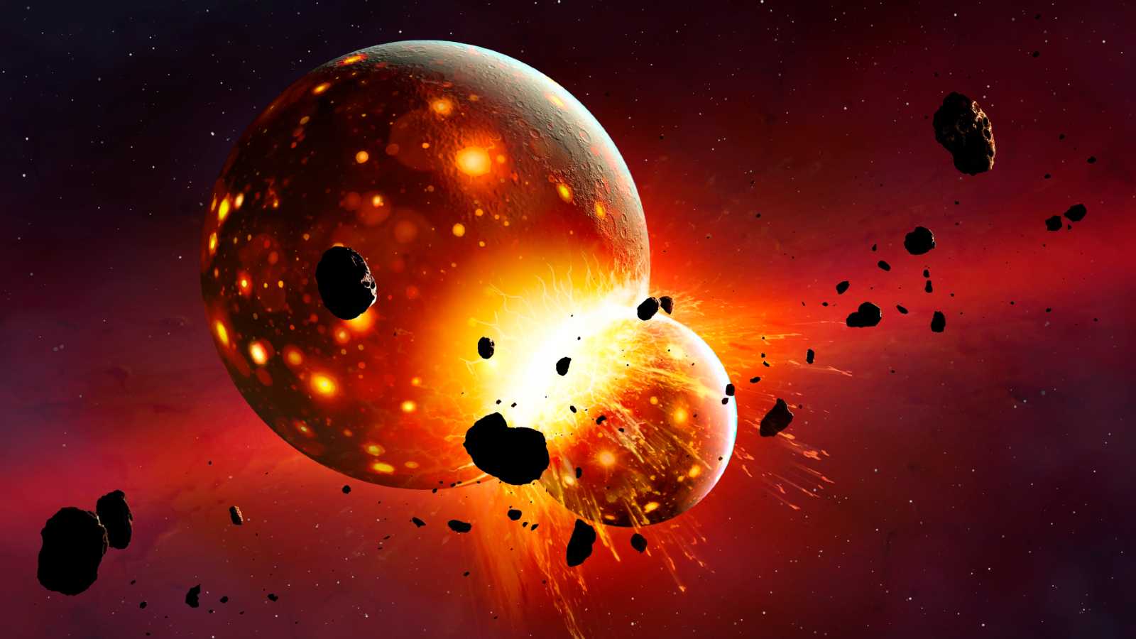 Illustration de deux lunes s’écrasant l’une contre l’autre