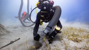 A scuba diver with a large flexible vacuum tube over their left shoulder digs into a soft tan sand
