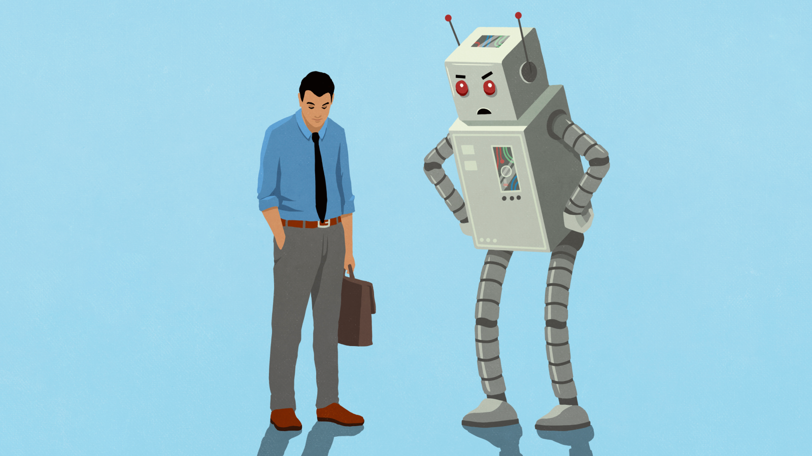 Homme d'affaires et robot regardant vers le bas sur fond bleu - Illustrations