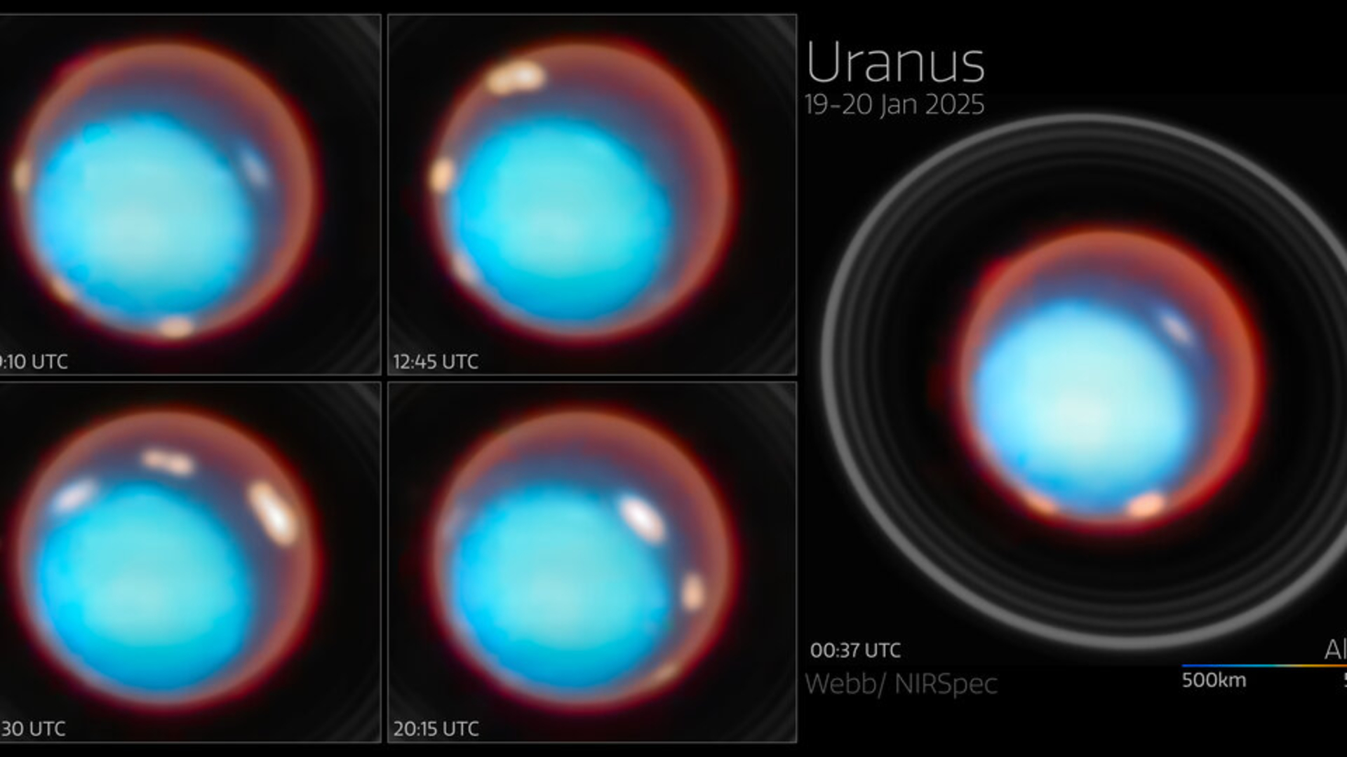 Une série de quatre petites cases à gauche de l'image et une grande case à droite, chacune montrant un cercle bleu en bas à gauche du cercle et un anneau rouge brillant autour, représentant Uranus & #039; atmosphère.