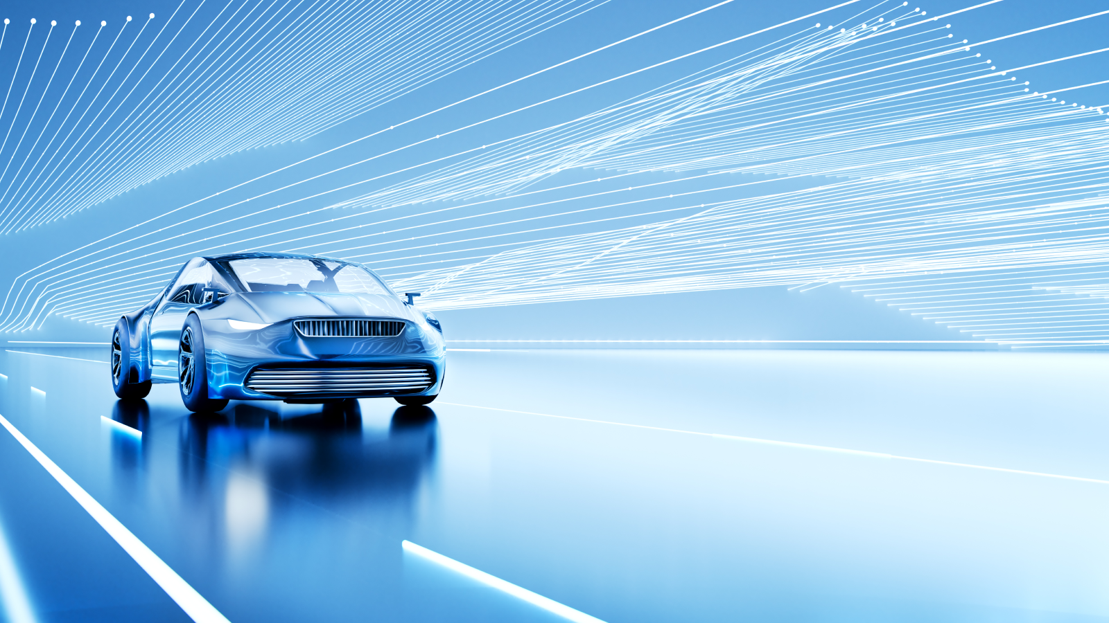 Véhicule électrique bleu roulant à toute vitesse sur une route futuriste, présentant un flux dynamique de données. Capturer l’essence de l’innovation, de la technologie et des progrès rapides dans le domaine des transports.