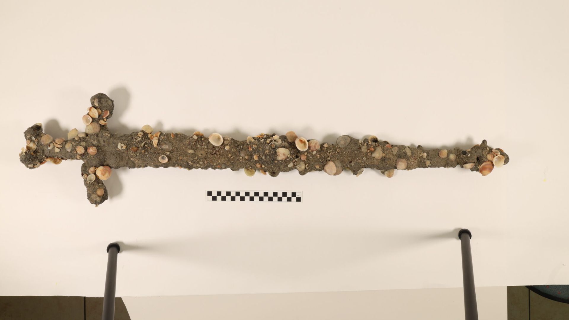 A barnacle and sand encrusted sword hangs on a white wall.
