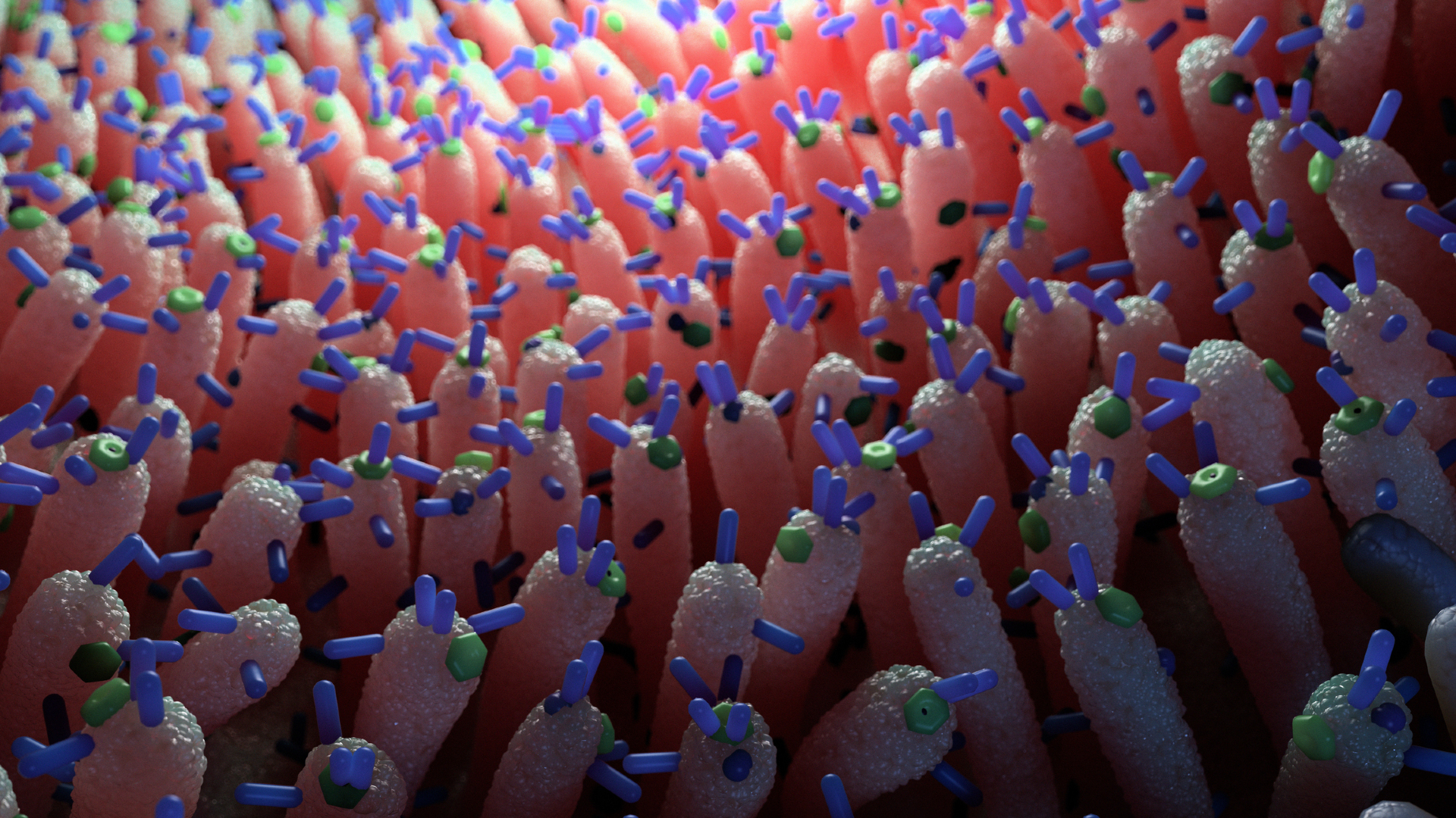 Une illustration de murs de projections verticales roses en forme de doigts recouvertes de molécules vertes et violettes
