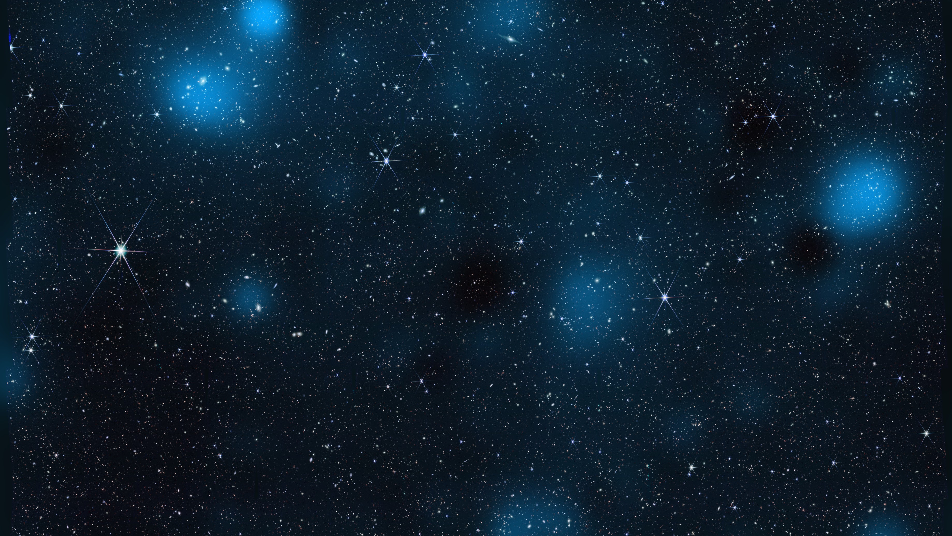 Un fond noir et étoilé avec des taches bleues représentant la matière noire