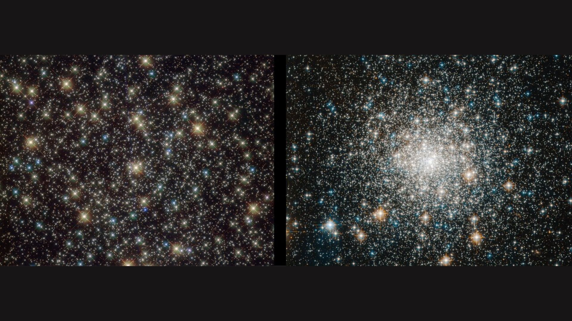 Deux images d’amas denses d’étoiles bleues, blanches et jaunes brillantes dans l’espace. 