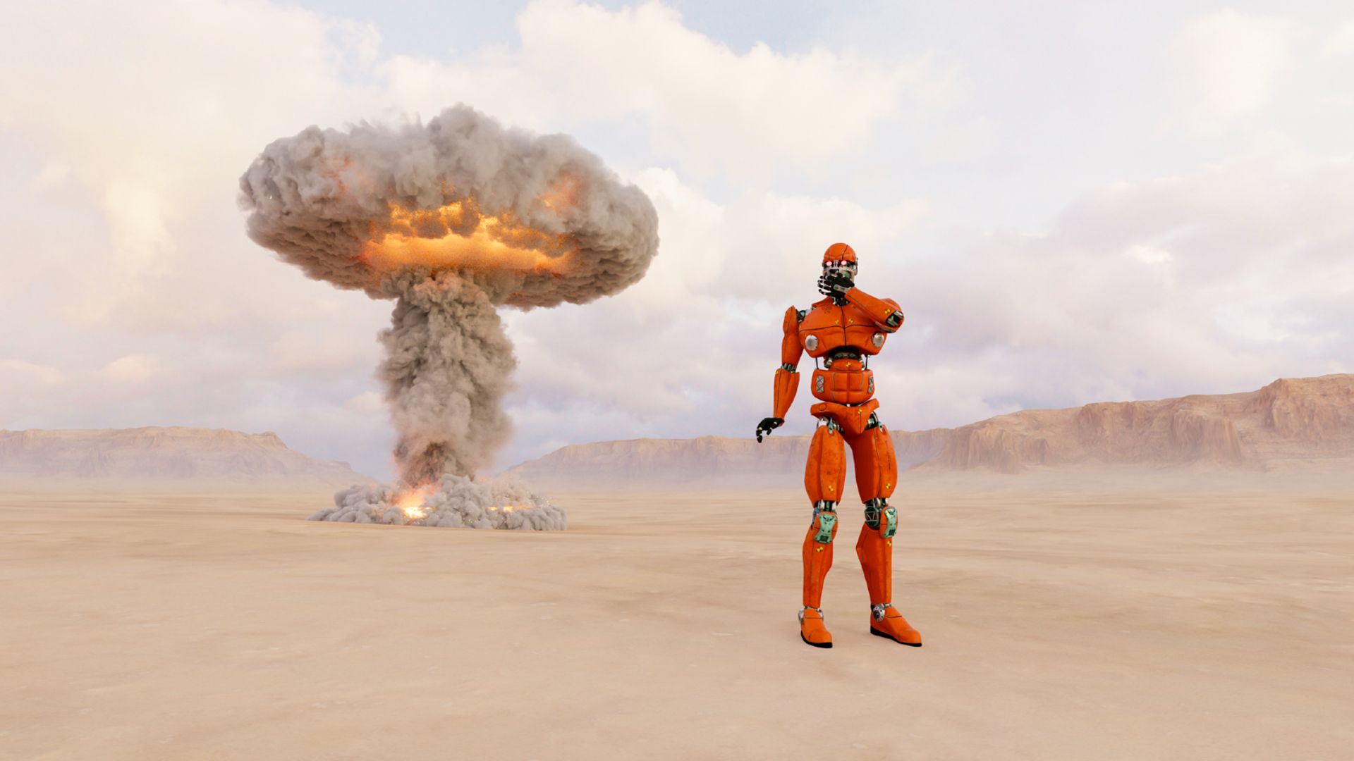A humanoid robot in orange stands on a barren sandy landscape with a large gray mushroom cloud behind them.