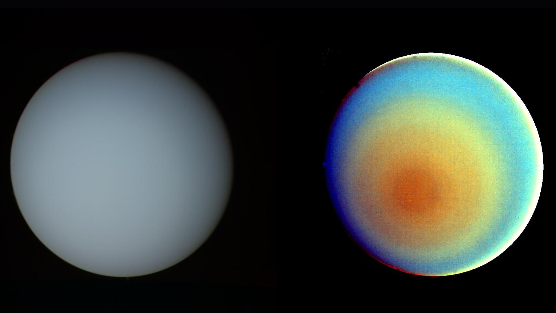 Deux images côte à côte de la planète Uranus. Celui de gauche est une sphère bleu pâle tandis que celui de droite présente des cercles concentriques orange, jaune, vert et bleu foncé pour montrer les différentes couches de son atmosphère. Les deux sont sur fond noir