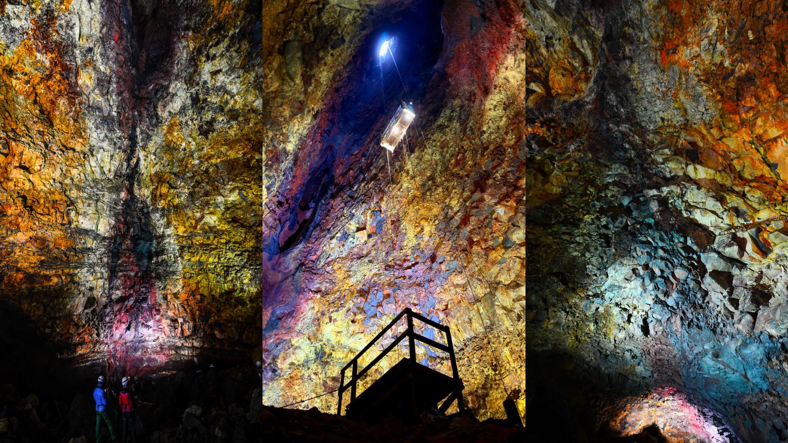 Three images of the inside of an empty magma chamber beneath Thríhnúkagígur volcano in Iceland. The walls are colored yellow, blue and purple.