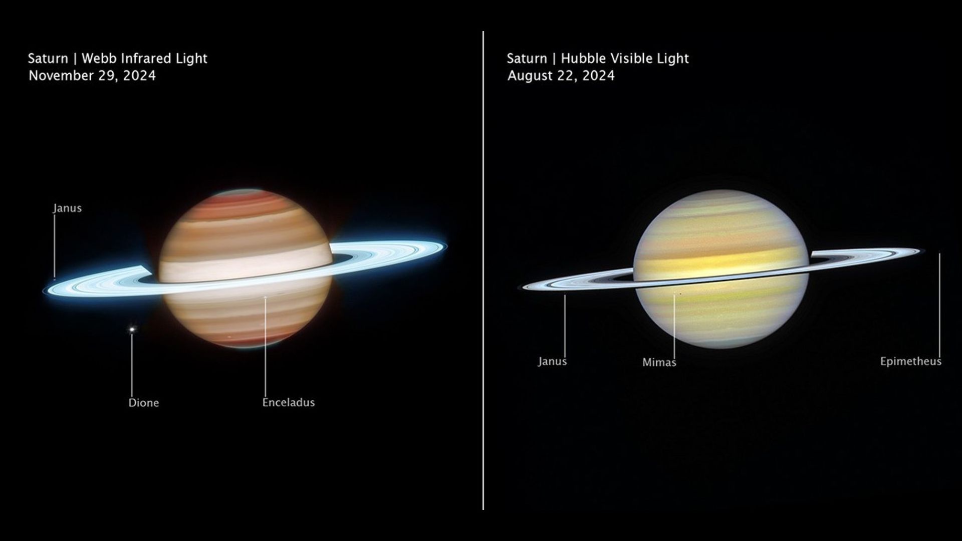 Deux images côte à côte de Saturne montrant la planète dans différentes longueurs d'onde. L'image de gauche fait apparaître la planète plus orange avec des anneaux bleus brillants, tandis que l'image de droite la fait apparaître en jaune doux avec des anneaux plus argentés.