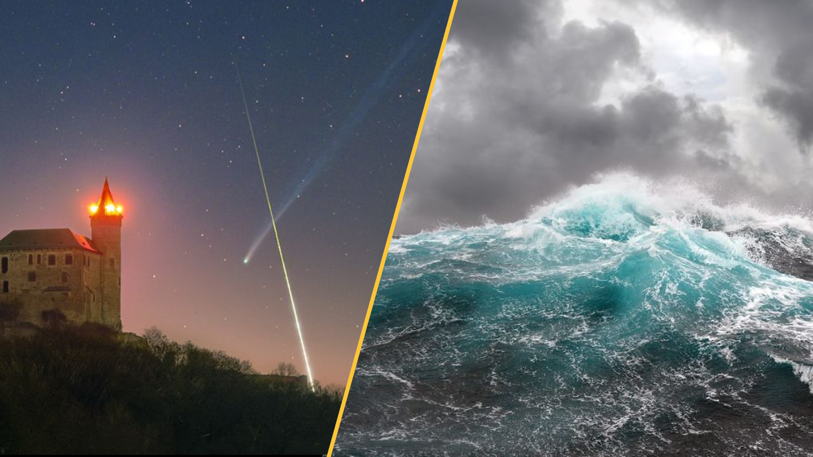 Une comète et une boule de feu dessinent un X dans le ciel à côté d'un château, et des vagues se soulèvent et écument sur une mer agitée.