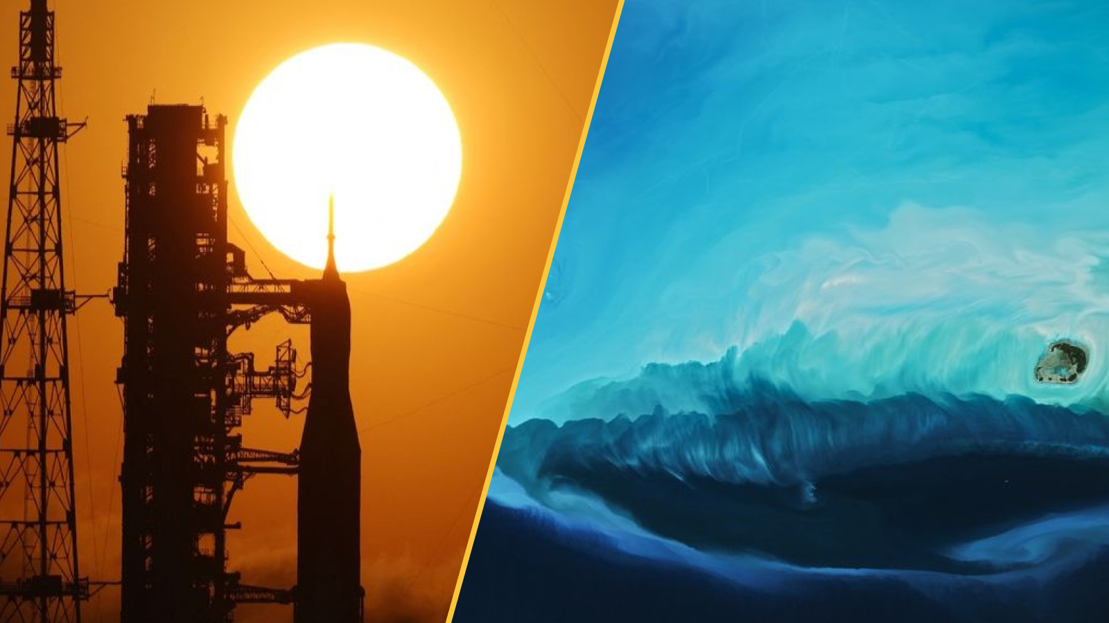 Une fusée se dresse devant un coucher de soleil et des eaux azurées sont vues du ciel.