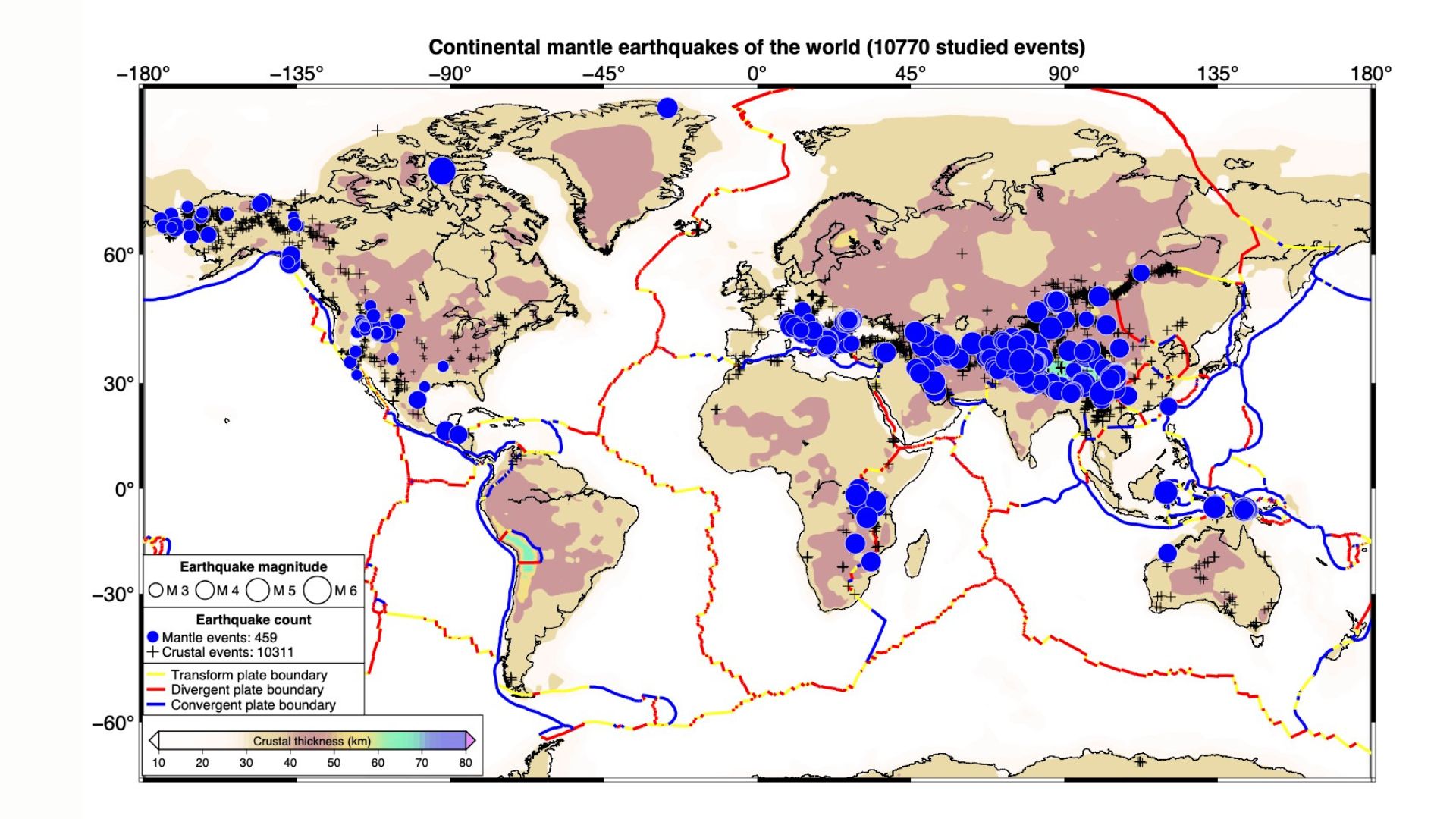 Une carte du monde avec des points bleu foncé montrant l'activité sismique et les traces en rouge des différentes plaques tectoniques autour de la planète Terre.