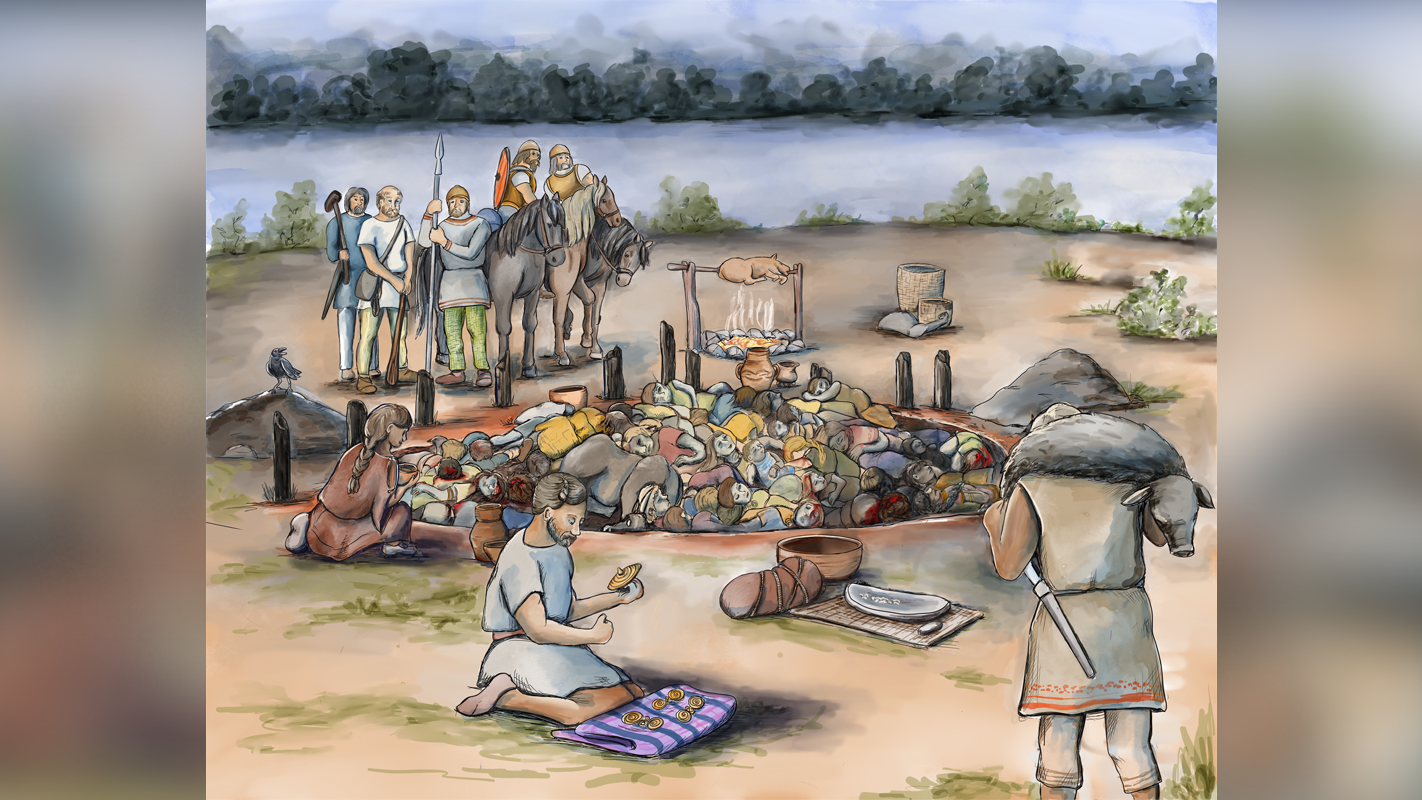 dessin de reconstruction de personnes debout autour d'une fosse funéraire de masse dans l'ancienne Serbie