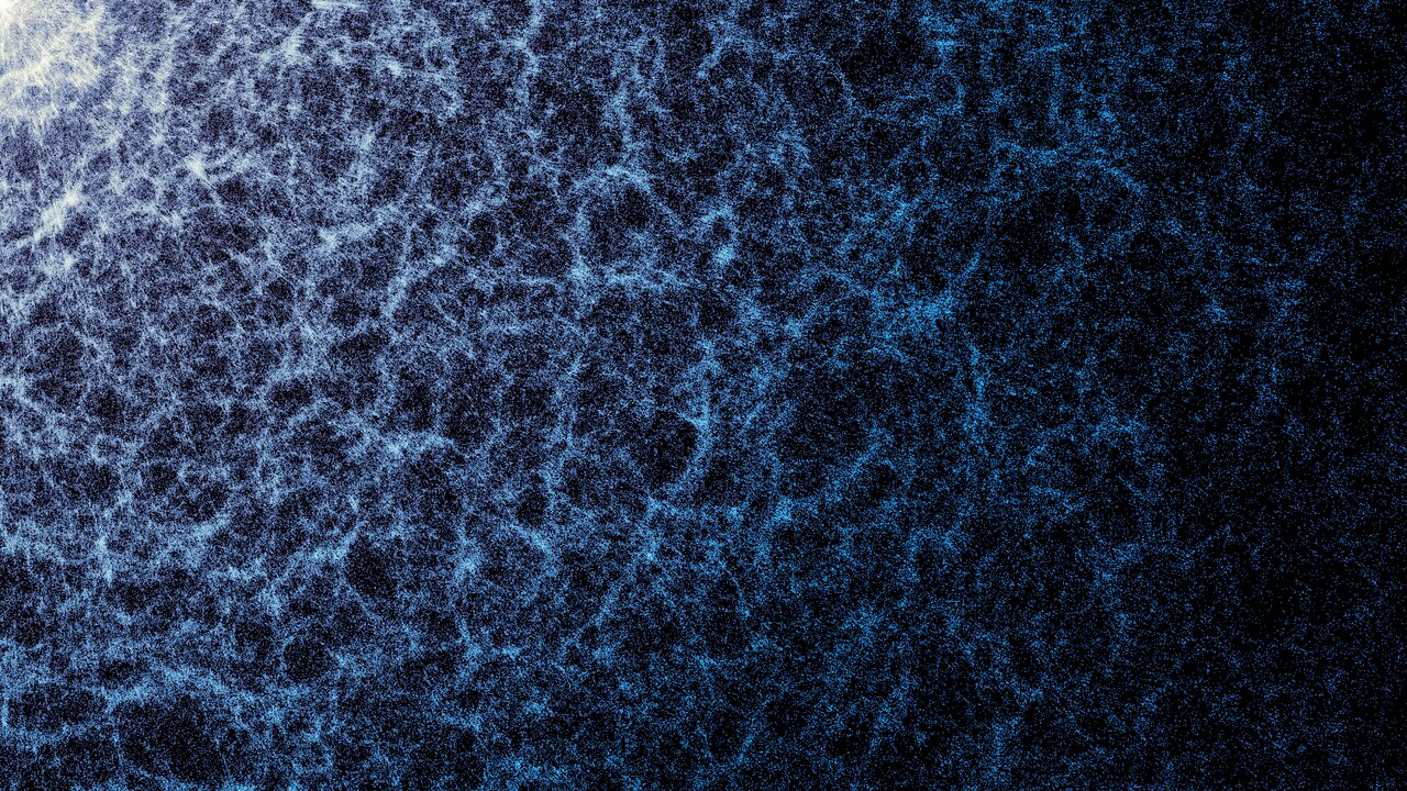 Une carte bleue et blanche sur fond sombre. Les zones les plus denses indiquent des régions où les galaxies et les amas de galaxies se sont regroupés pour former les brins de la toile cosmique. 