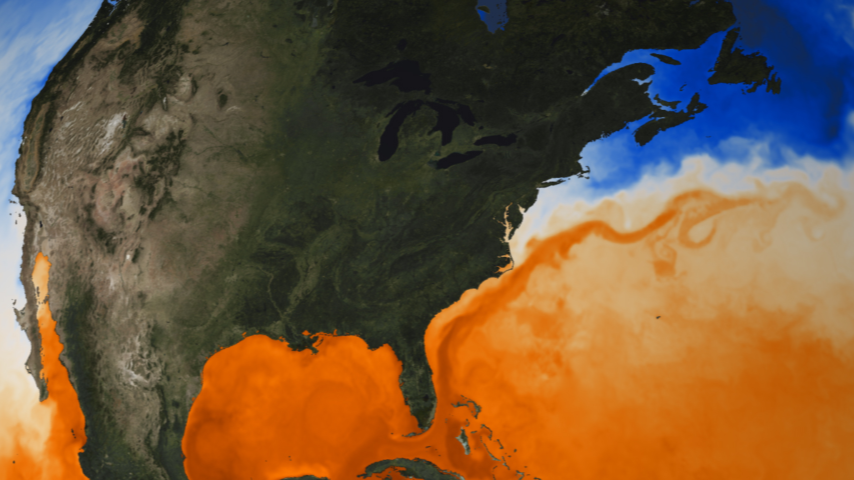 Une image aux couleurs améliorées des températures de l’eau de surface montre le Gulf Stream traversant l’océan Atlantique depuis le détroit de Floride. 