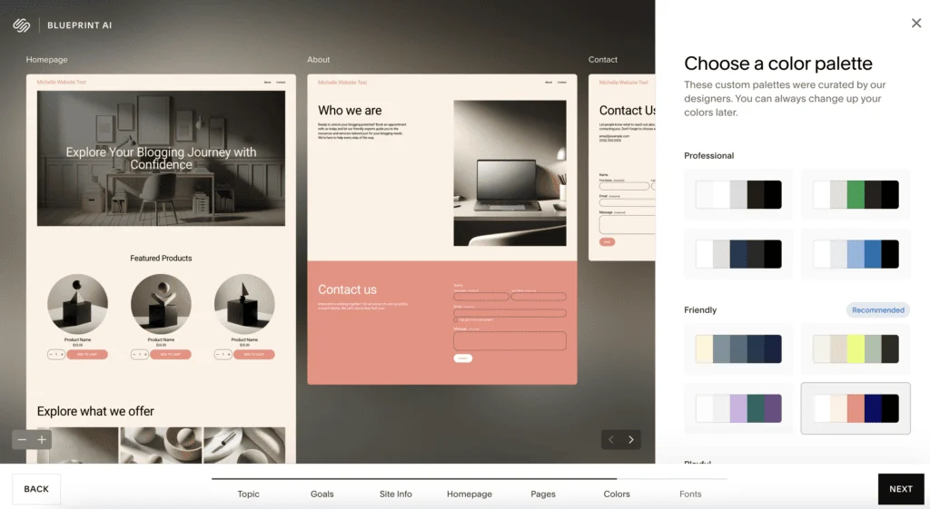 J'ai réalisé cela en quelques secondes avec Squarespace Blueprint AI : j'ai simplement répondu à quelques questions rapides, choisi une palette de couleurs et cela m'a immédiatement donné un site Web de départ soigné. Si vous avez retardé le démarrage d'un site parce que cela vous semble écrasant, c'est le genre d'outil qui permet de le rendre réalisable rapidement.