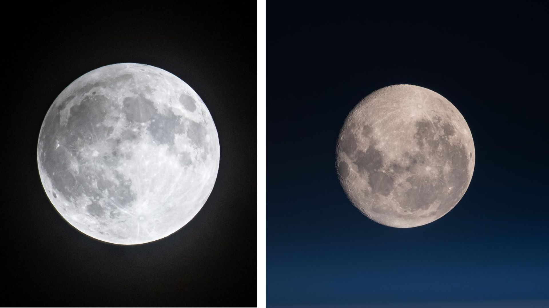 Deux images de la lune côte à côte, celle de gauche montre une lune blanche/grise sur fond noir tandis que l'image de gauche montre une lune plus brune dans un ciel nocturne bleu.