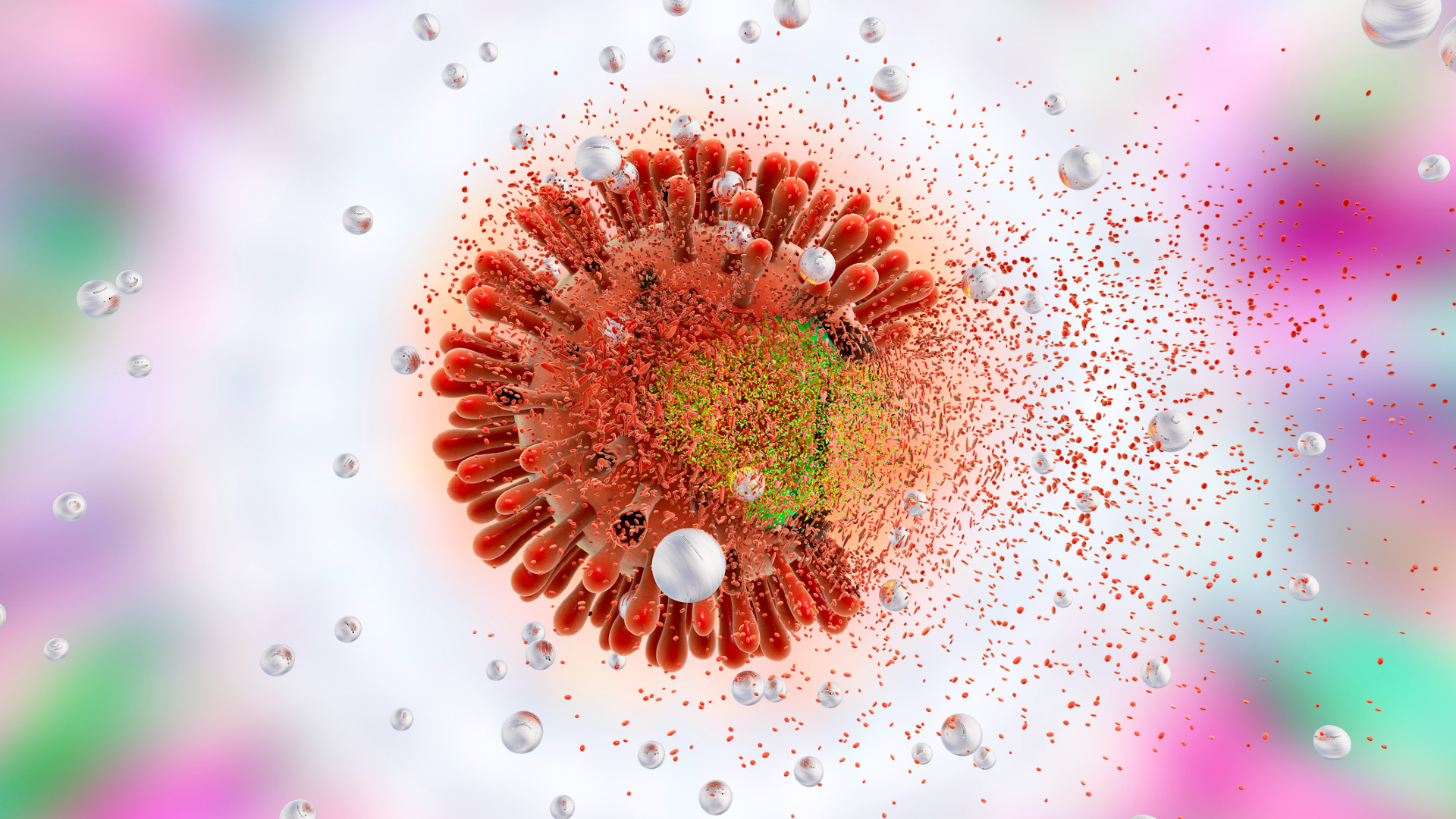 Illustration d'une sphère 3D avec des pointes rouges se dissolvant en particules jaunes et rouges dans un fluide clair avec des bulles tout autour