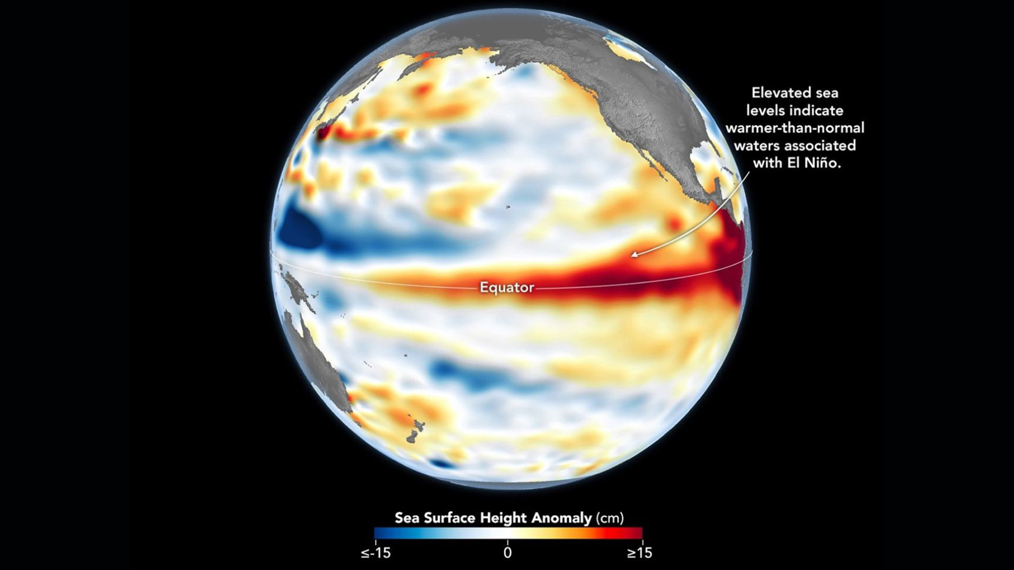 Une carte thermique de la Terre montrant les hauteurs de la surface de la mer avec des zones rouges autour de l'équateur.
