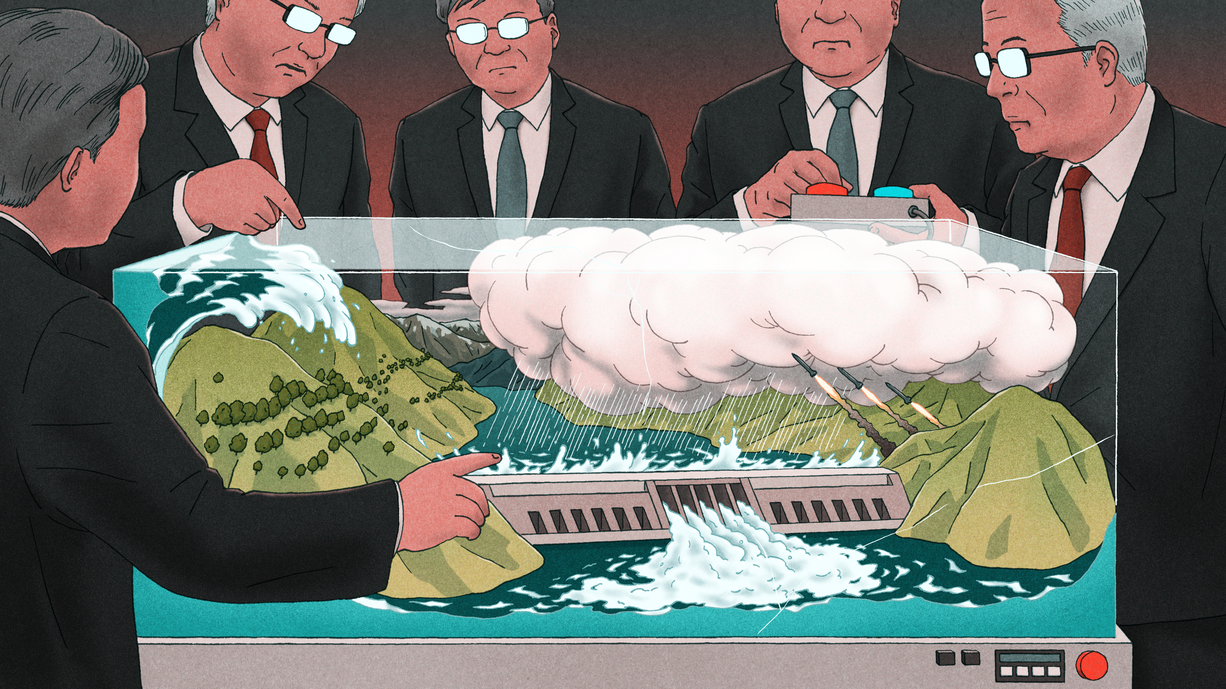 Une illustration montrant des hommes politiques et des scientifiques chinois autour d'un récipient en verre rempli de barrages, de nuages, de collines et d'eau.