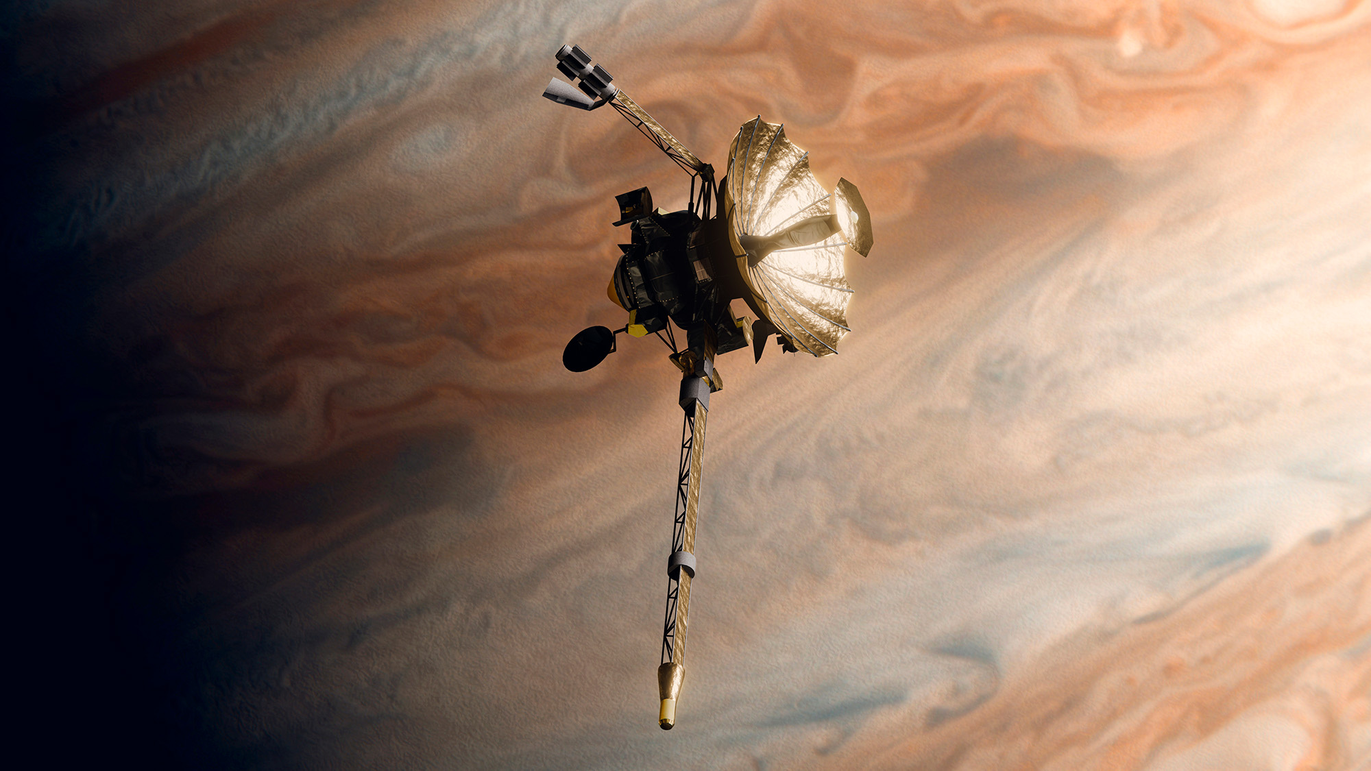 Une illustration d'une sonde spatiale devant la planète Jupiter.