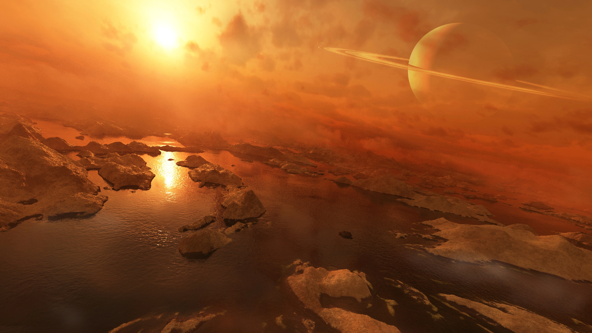Illustration d'un artiste représentant de l'eau liquide à la surface de Titan
