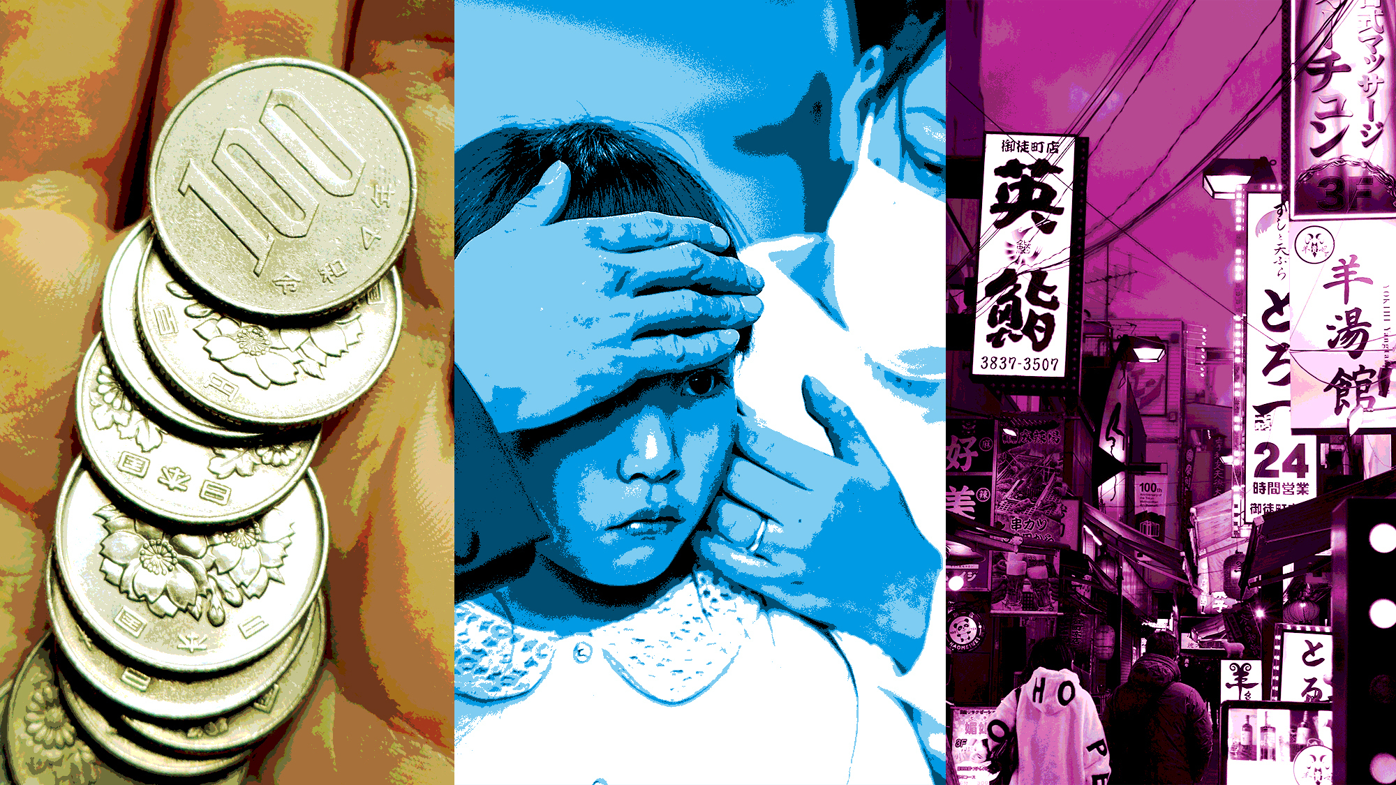 Trois images côte à côte avec un filtre jaune, bleu et violet. Les images de gauche montrent une pile de pièces de monnaie, celle du milieu montre un enfant pris en charge par une femme masquée et celle de droite montre une ville japonaise.